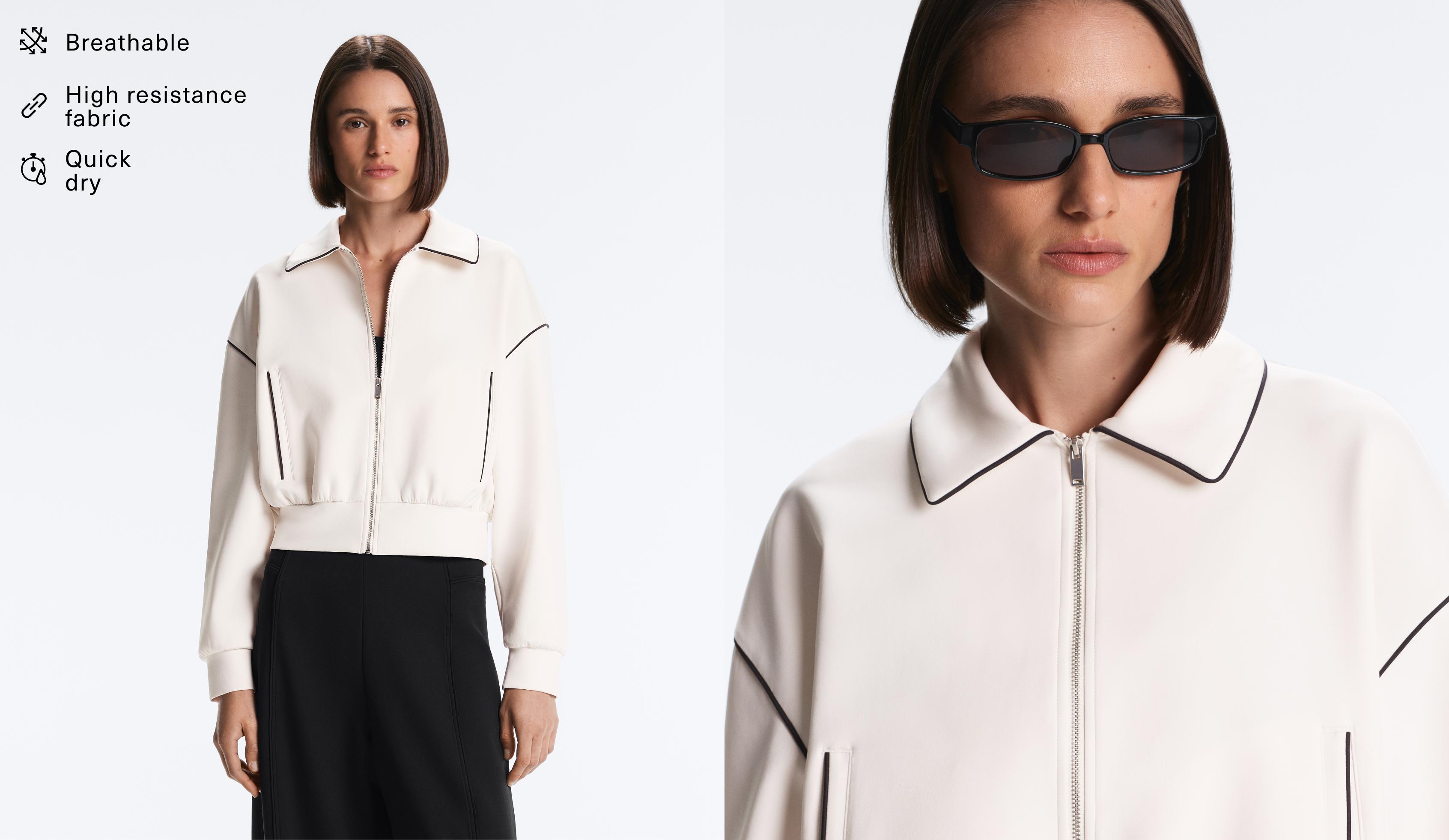 Neoprene-effect piping jacket — PALE ECRU