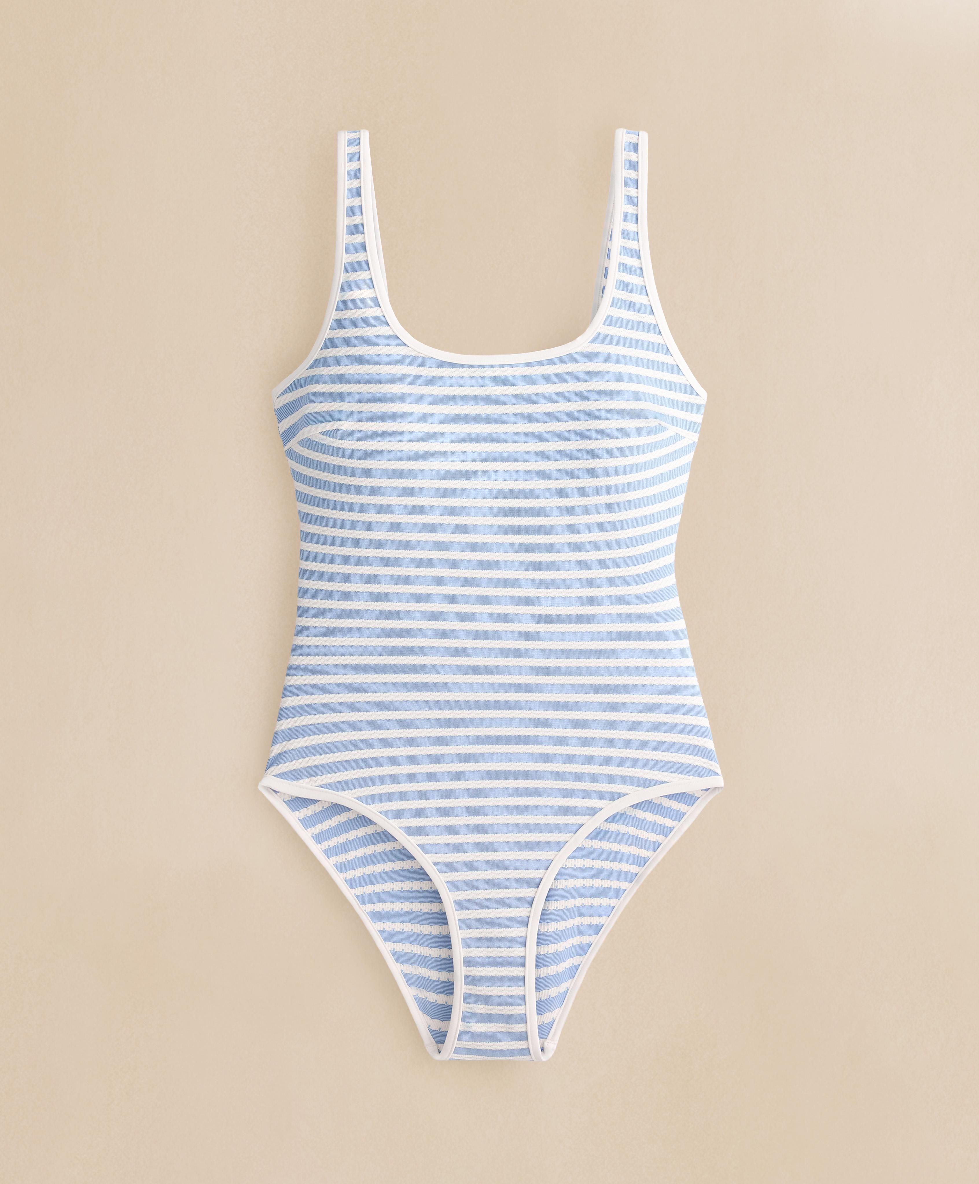 Textured stripe round-neck swimsuit — WASHED SKY BLUE