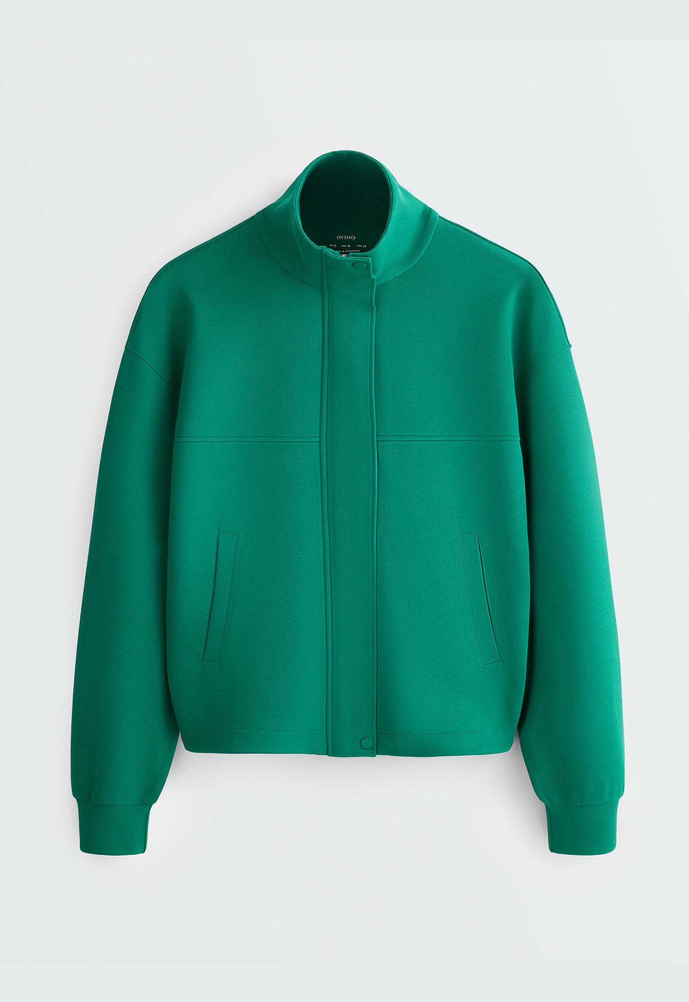 Cotton piqué jacket with raised neck — EMERALD GREEN