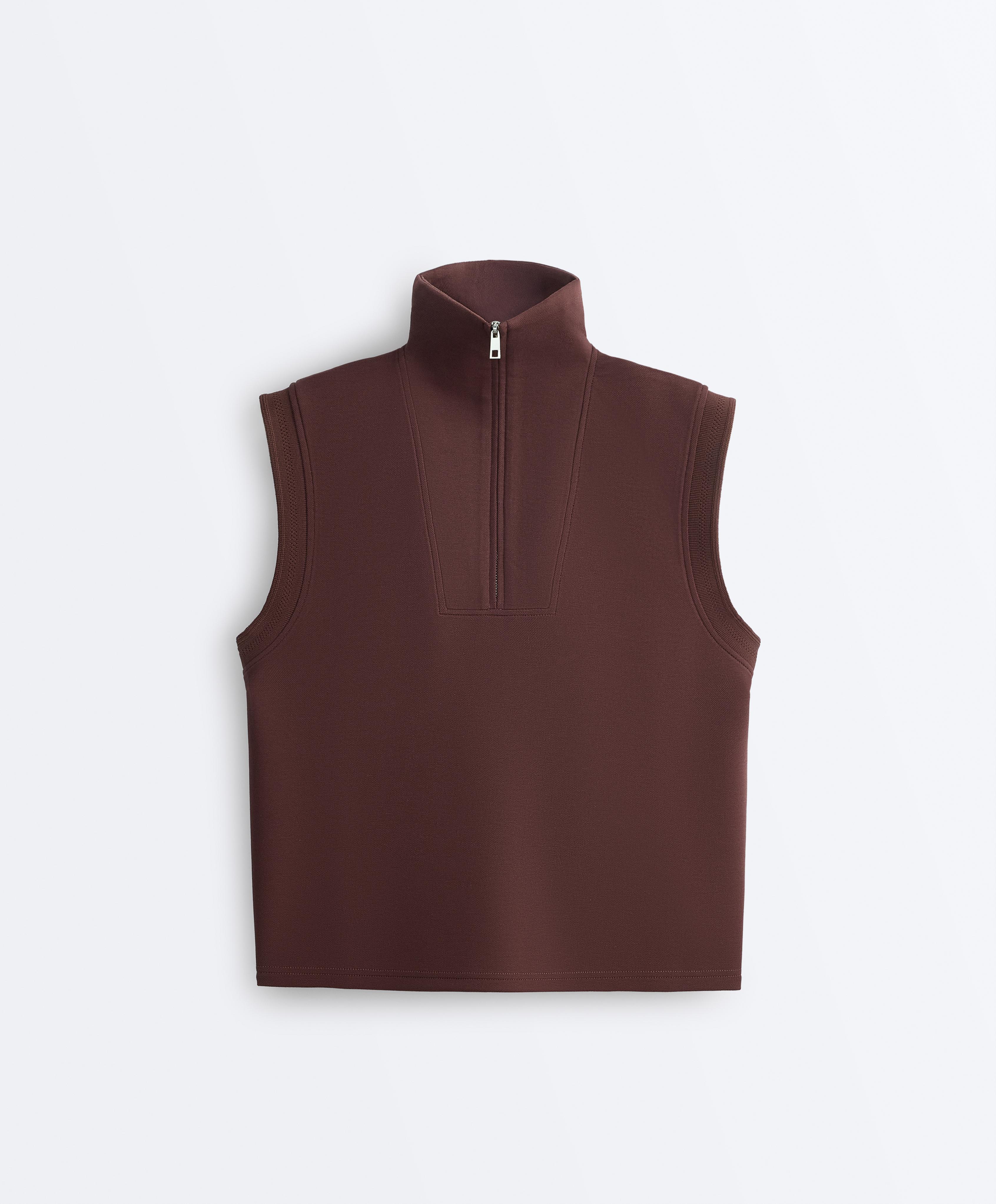 Cotton piqué sleeveless vest — CHOCOLATE
