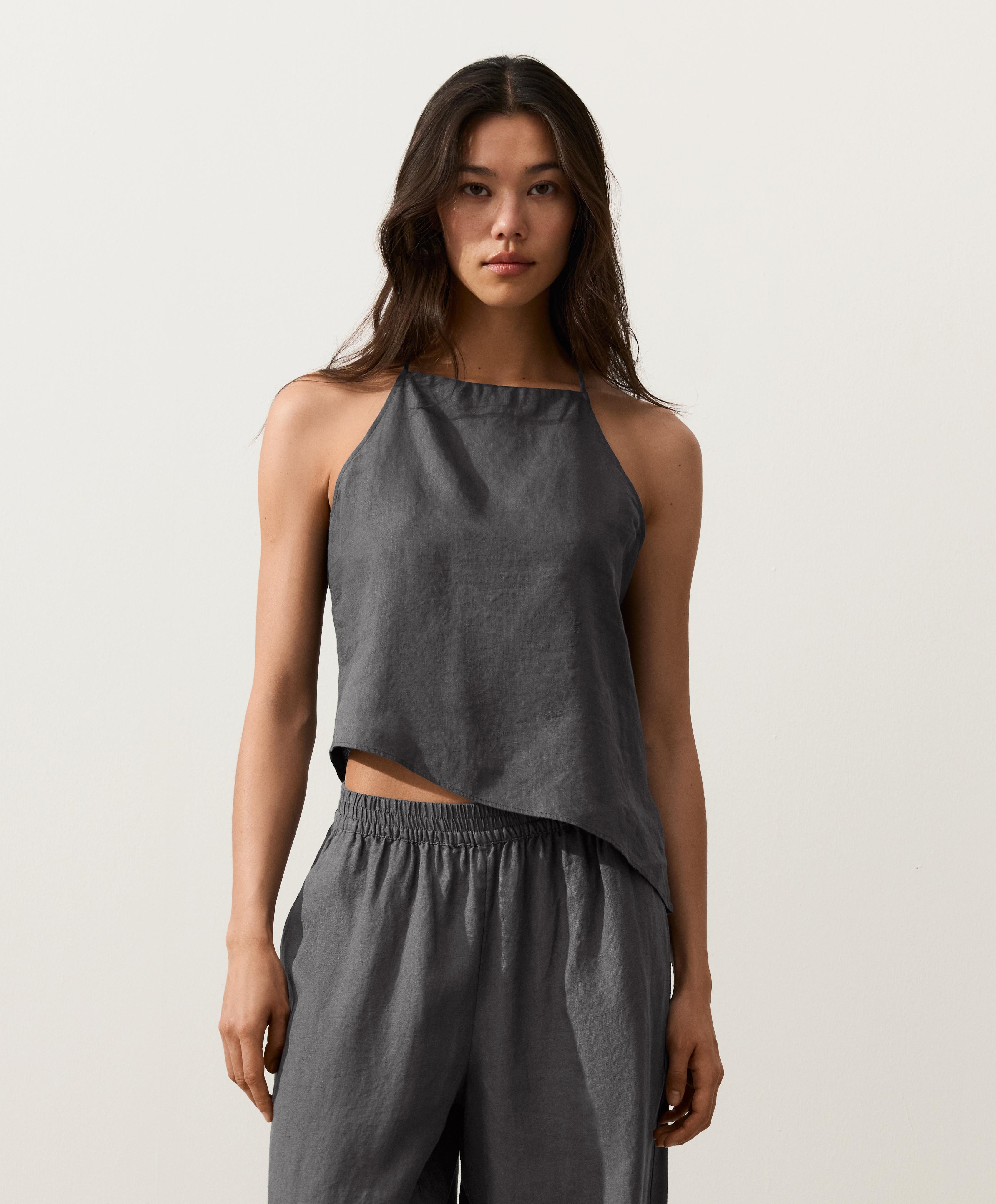 Asymmetric 100% linen sleeveless top — STEEL GREY