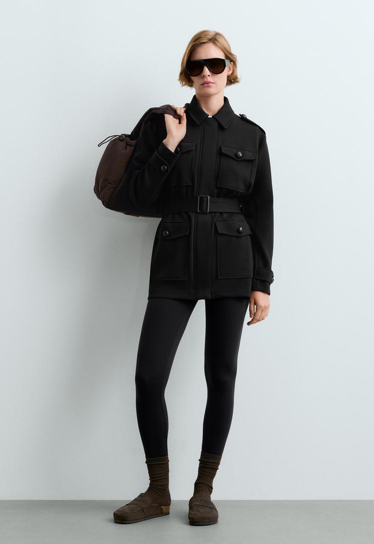 Long cotton piqué pockets jacket — BLACK