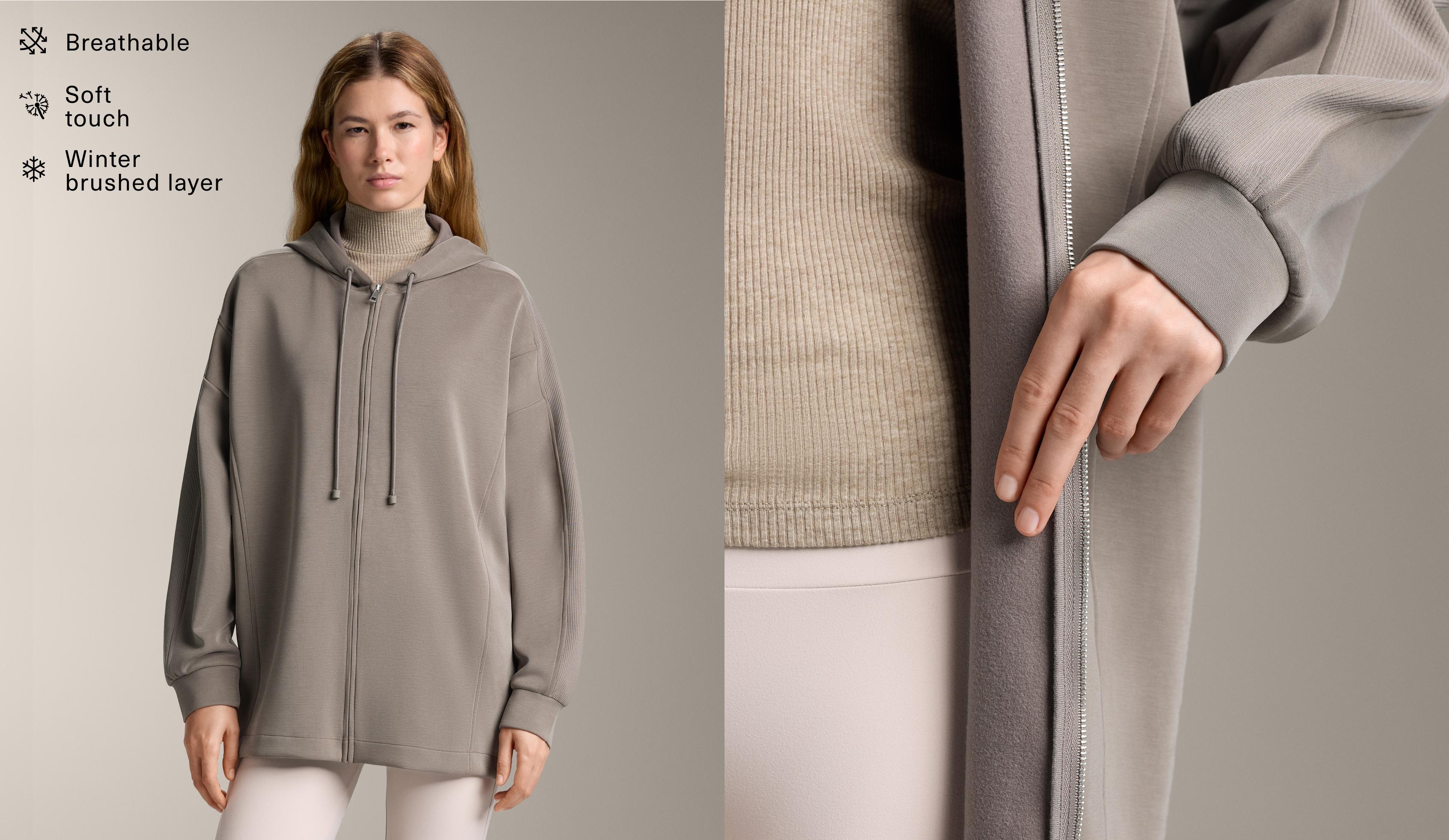 Lange Kapuzenjacke mit Rippendetail aus gebürstetem Modal Lange Kapuzenjacke mit Rippendetail aus gebürstetem Modal