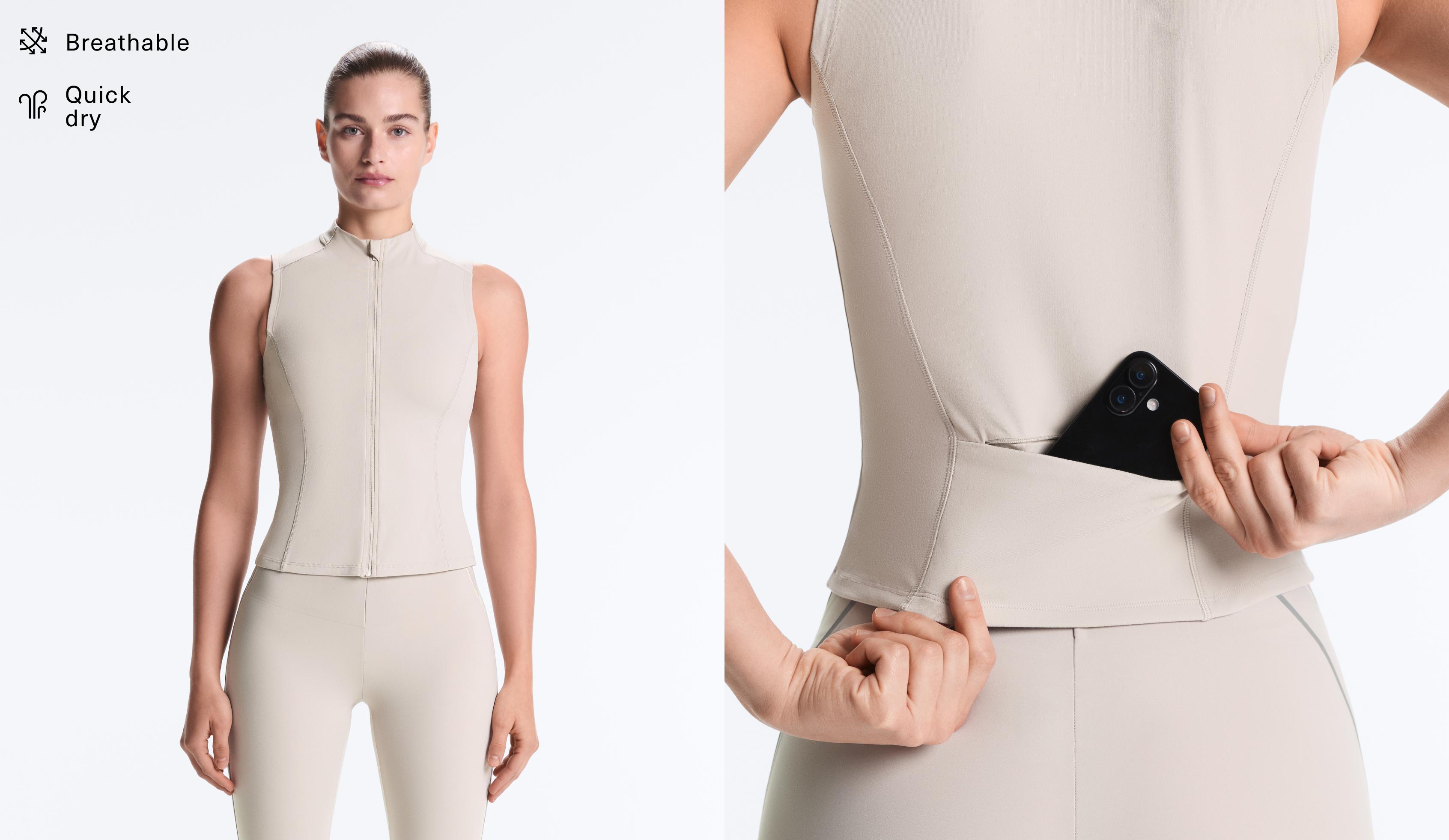 Sleeveless zip T-shirt — TAUPE
