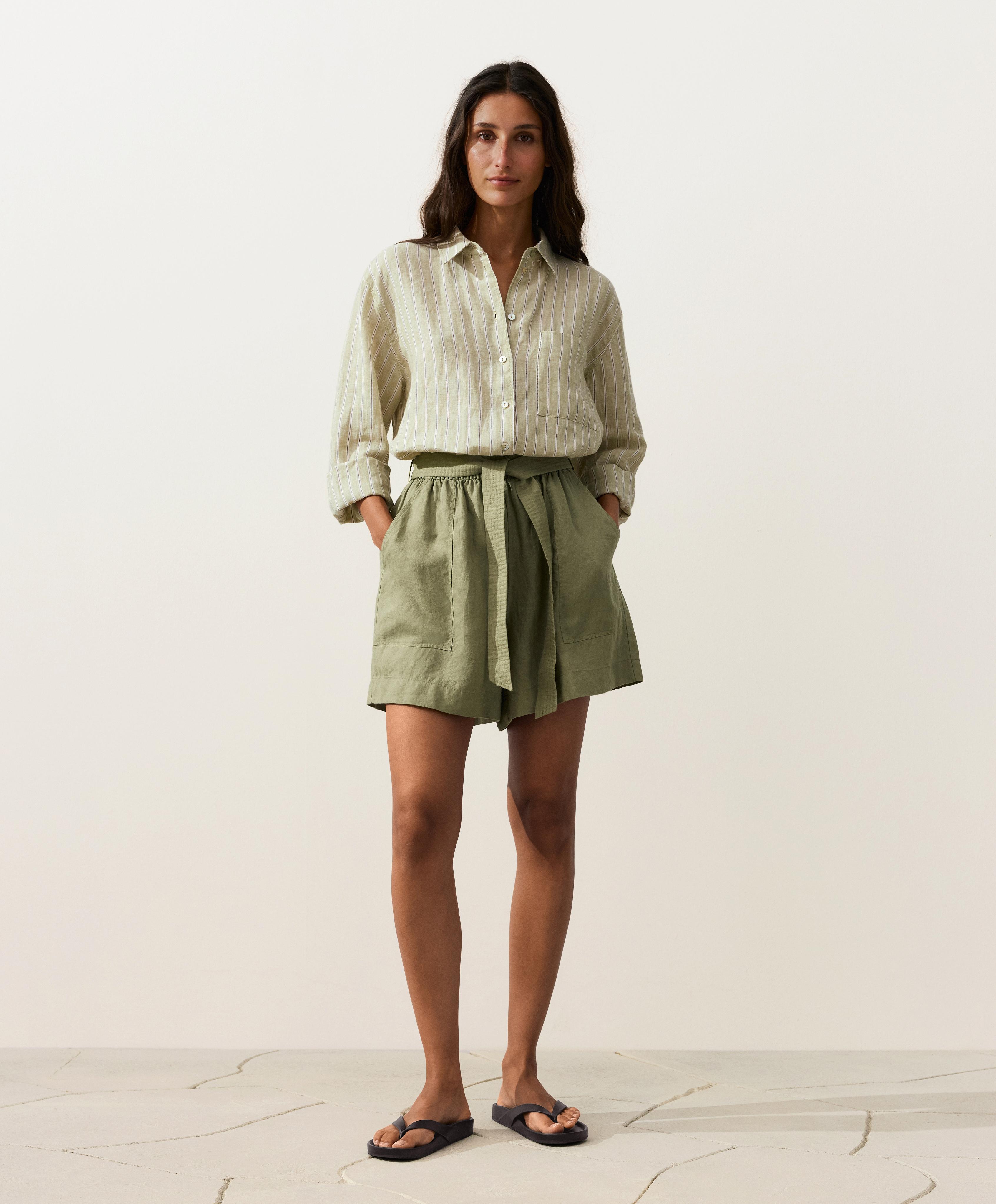 Striped 100% linen relaxed shirt — PALE PISTACHIO