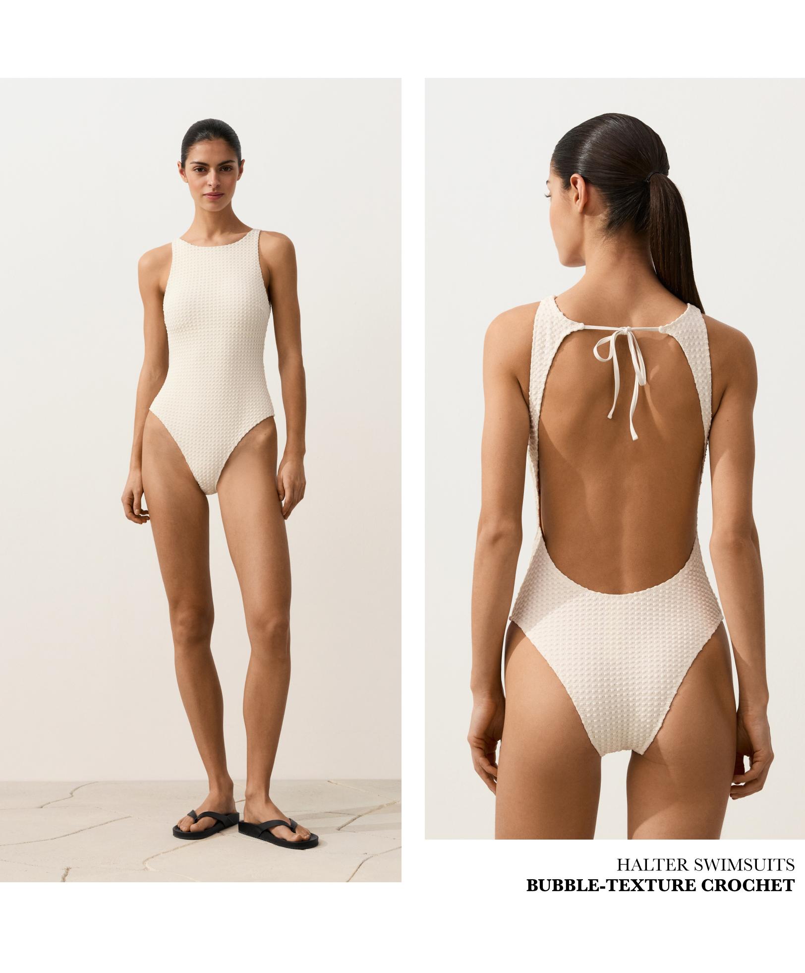 Bubble-texture crochet halter swimsuit — ECRU