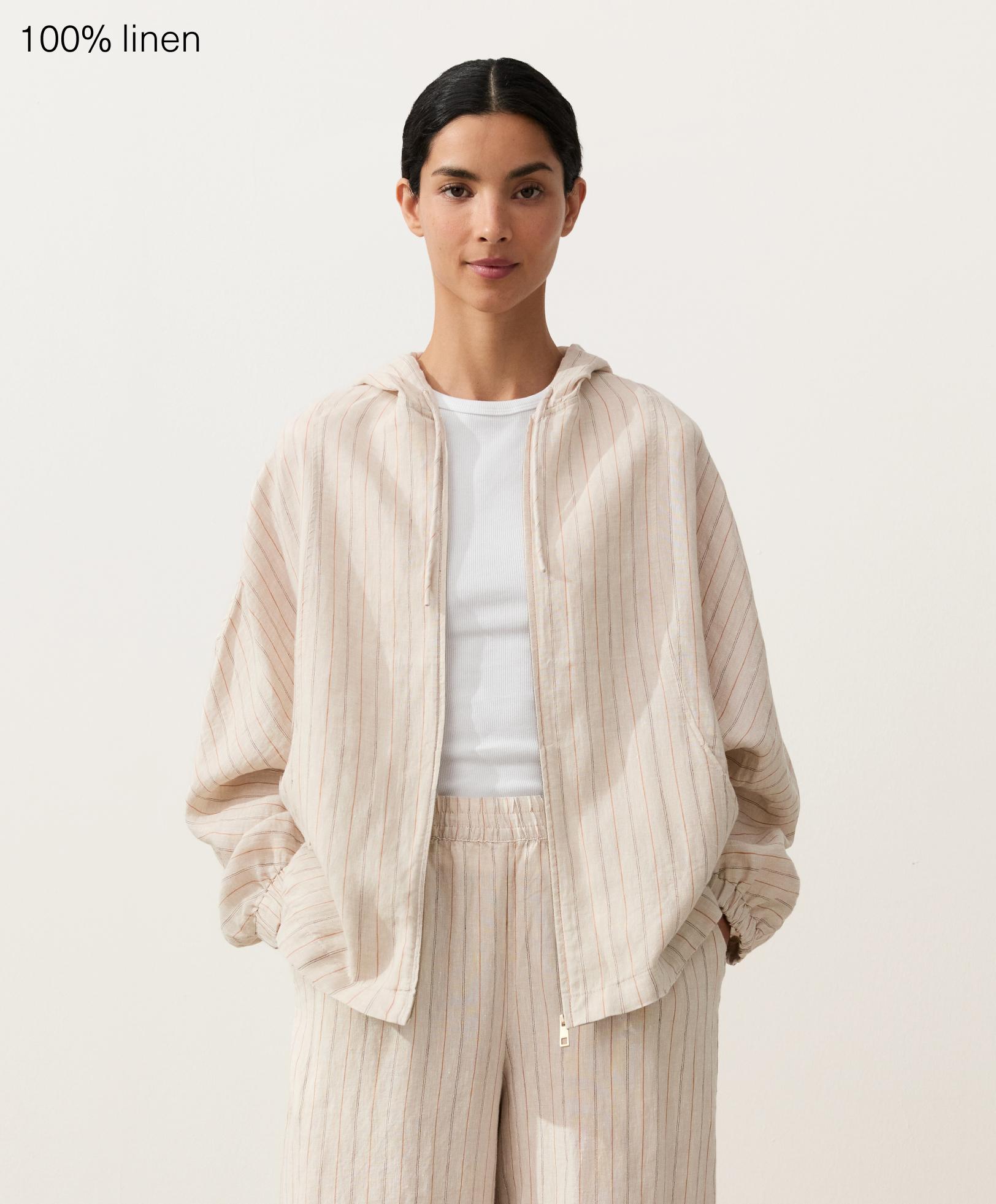 Kapüşonlu çizgili %100 keten ceket