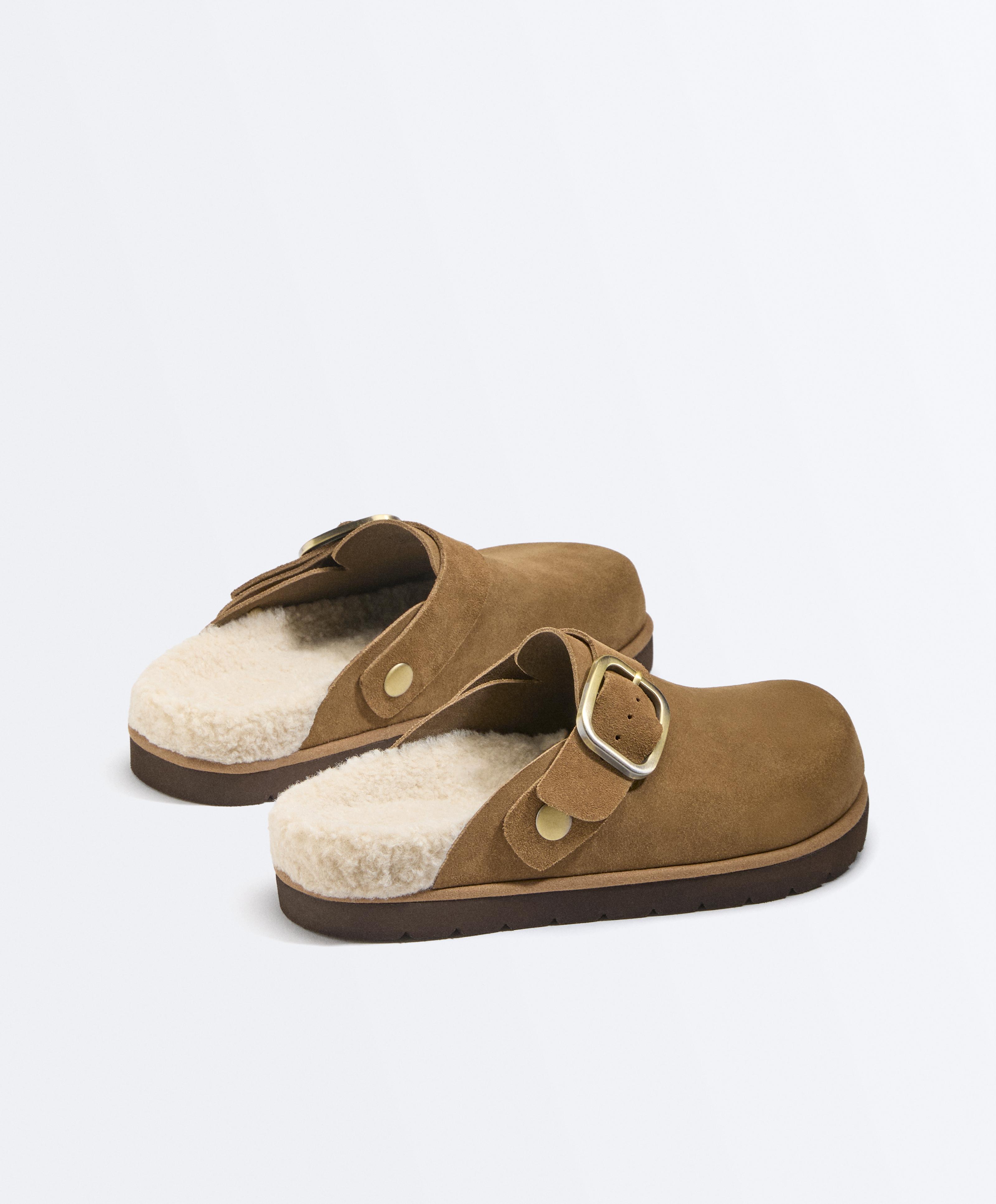Buckled split-leather faux shearling clogs — TOASTED BROWN