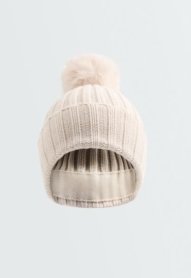 Knit pompom hat with cotton — ECRU 1