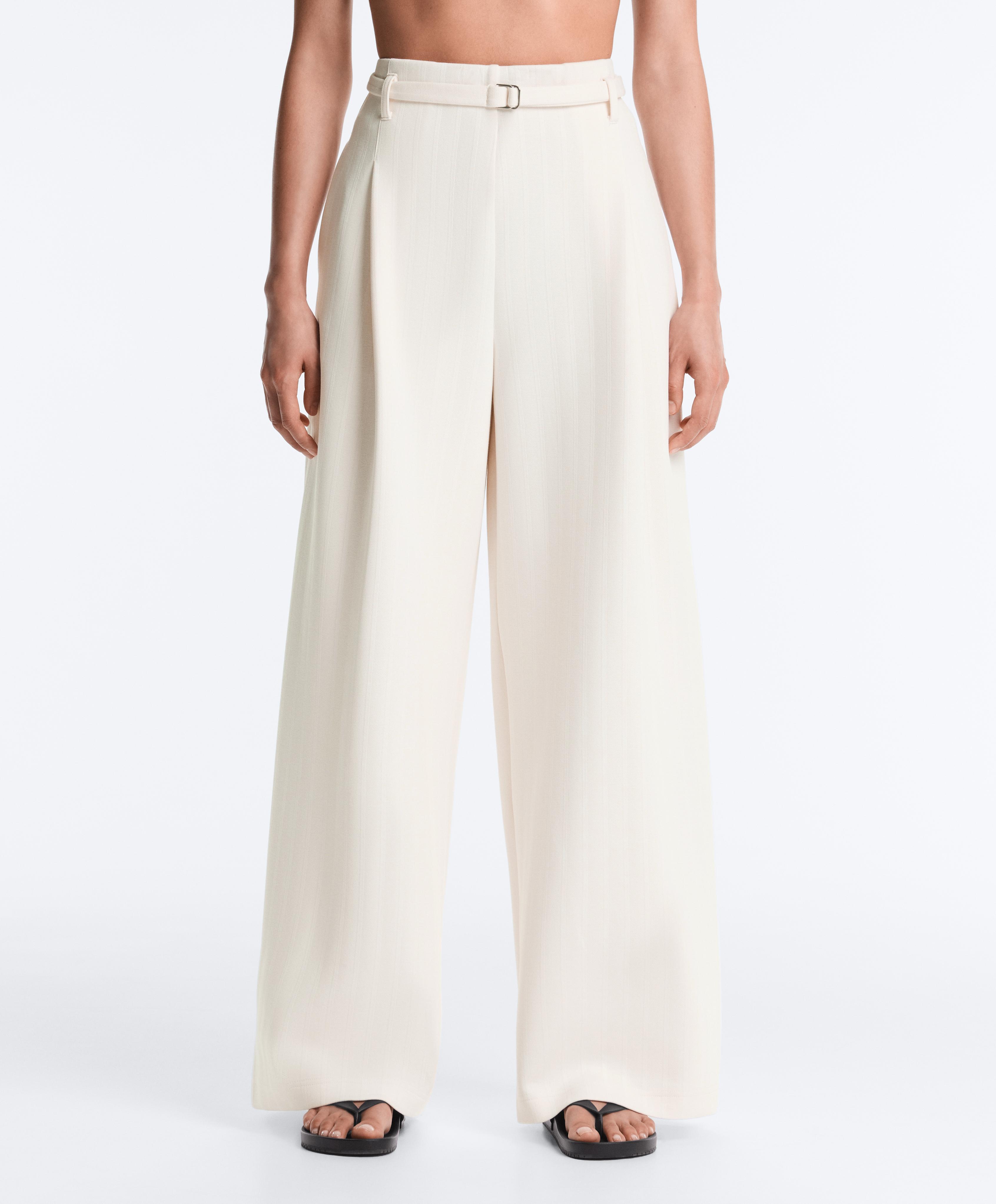 Striped cotton piqué wide-leg trousers — PALE ECRU