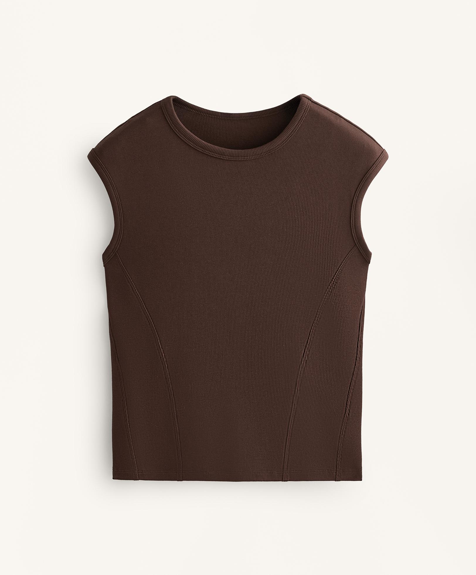 Short-sleeved rib top with cotton and modal — BROWN