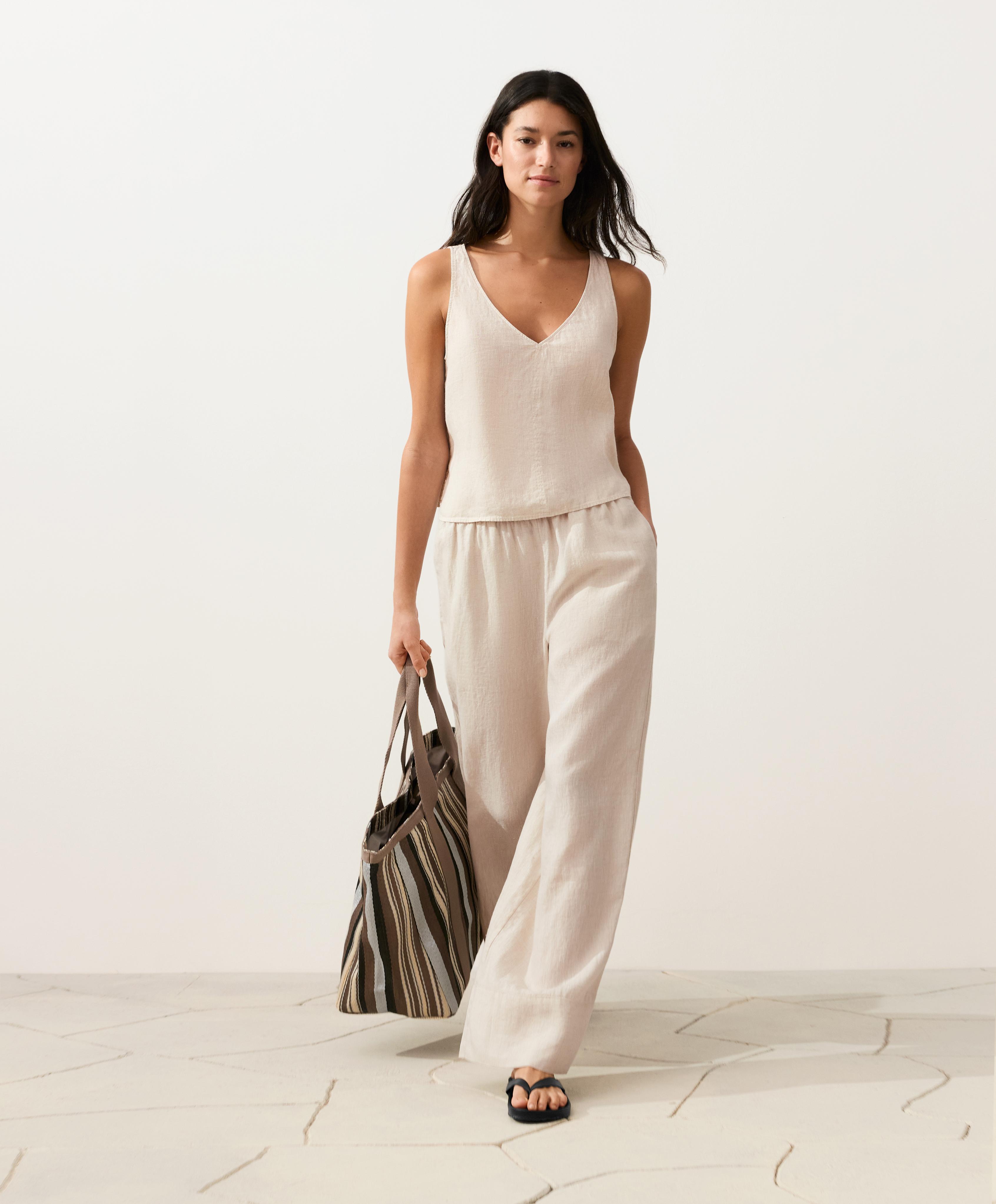 100% linen V-neck strap top — SAND MELANGE