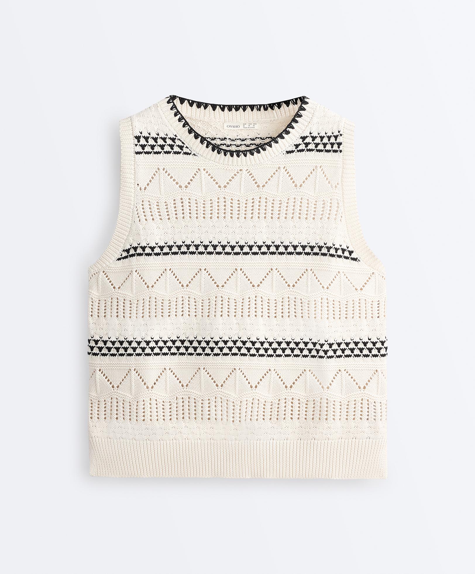 100% cotton open-knit contrast vest — PALE ECRU