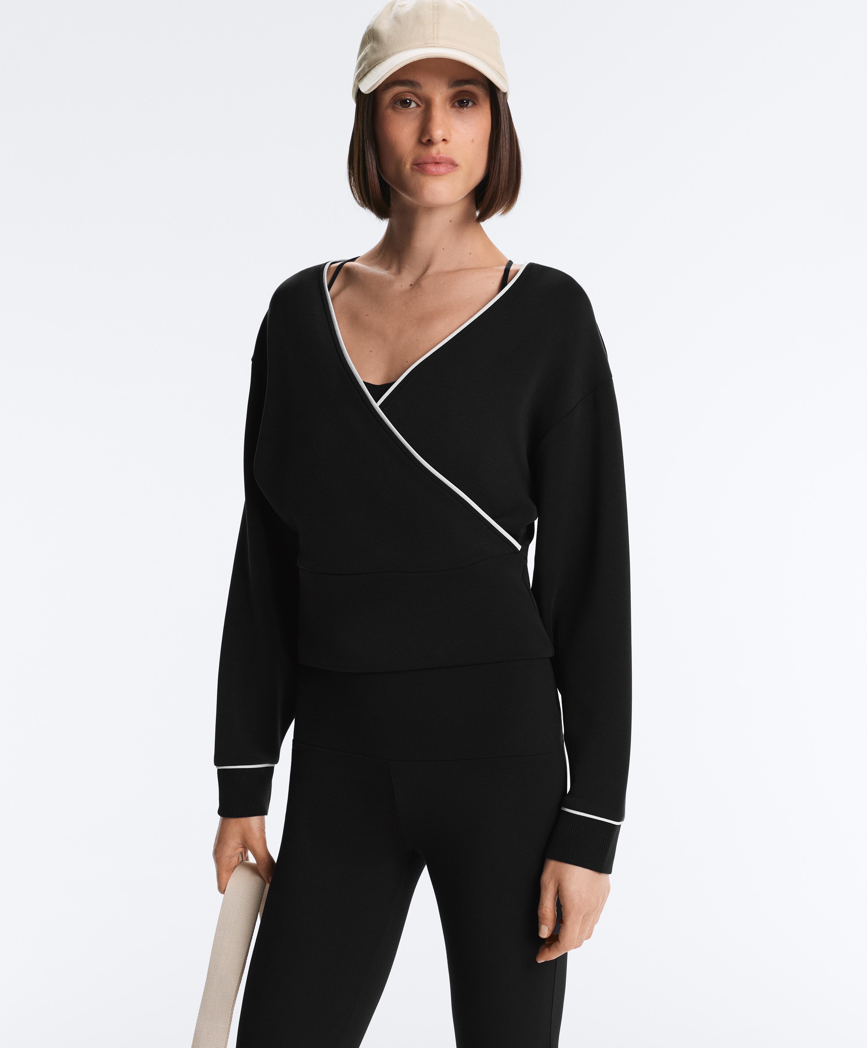 Wrap sweatshirt with contrast piping and modal — BLACK