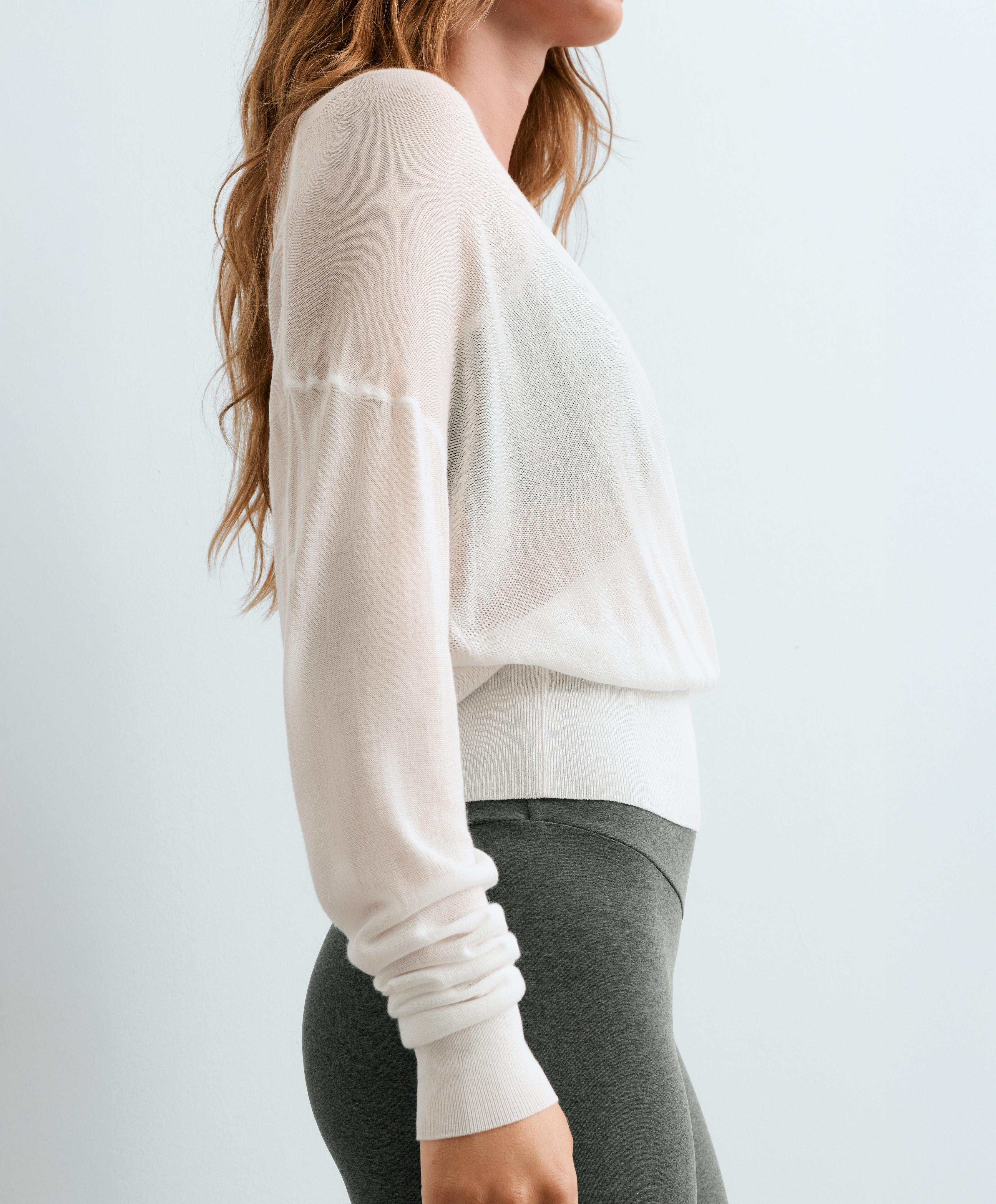 Lyocell blend sheer cross-over long sleeve T-shirt — WHITE