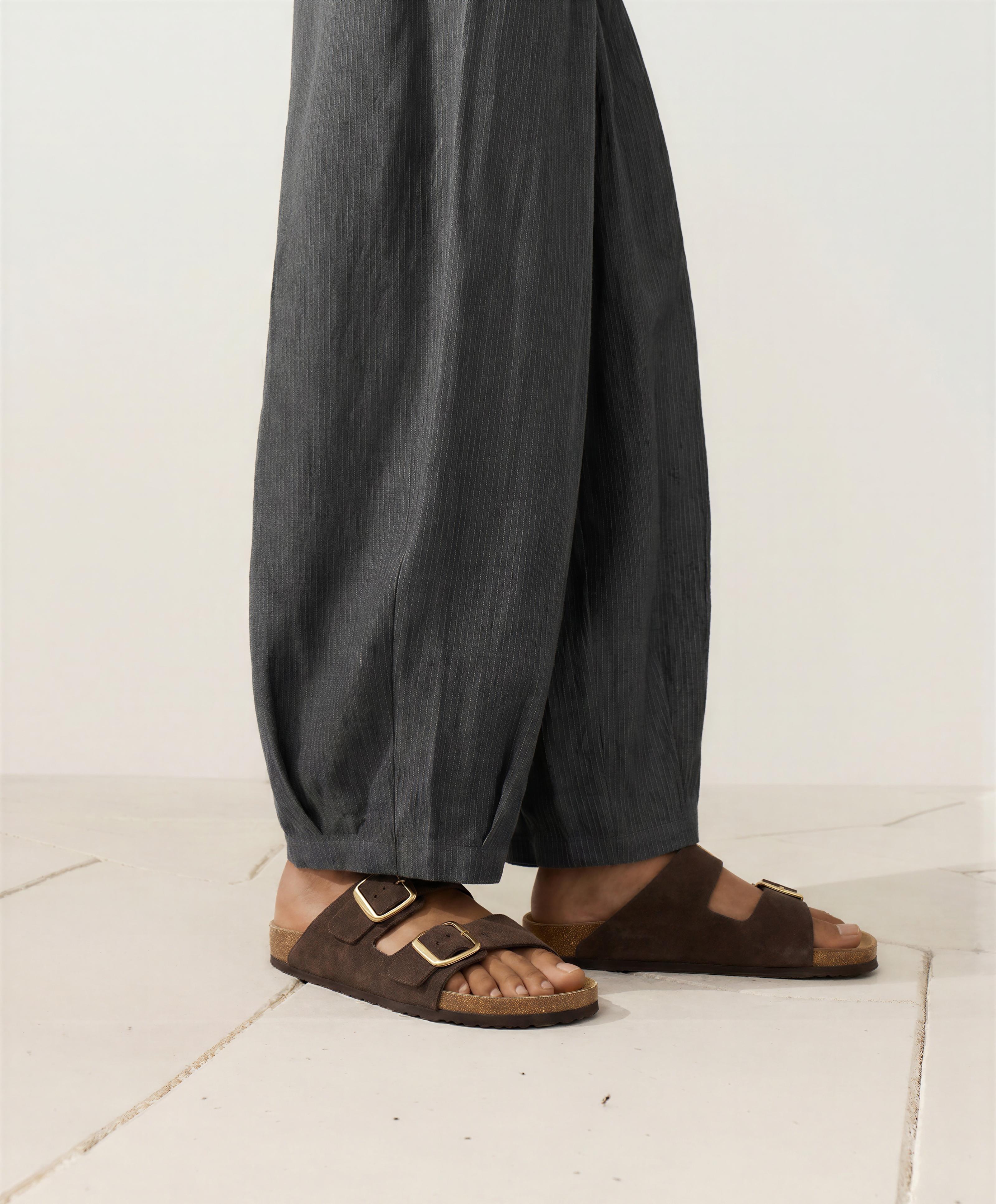 Buckle split-leather slides — BROWN