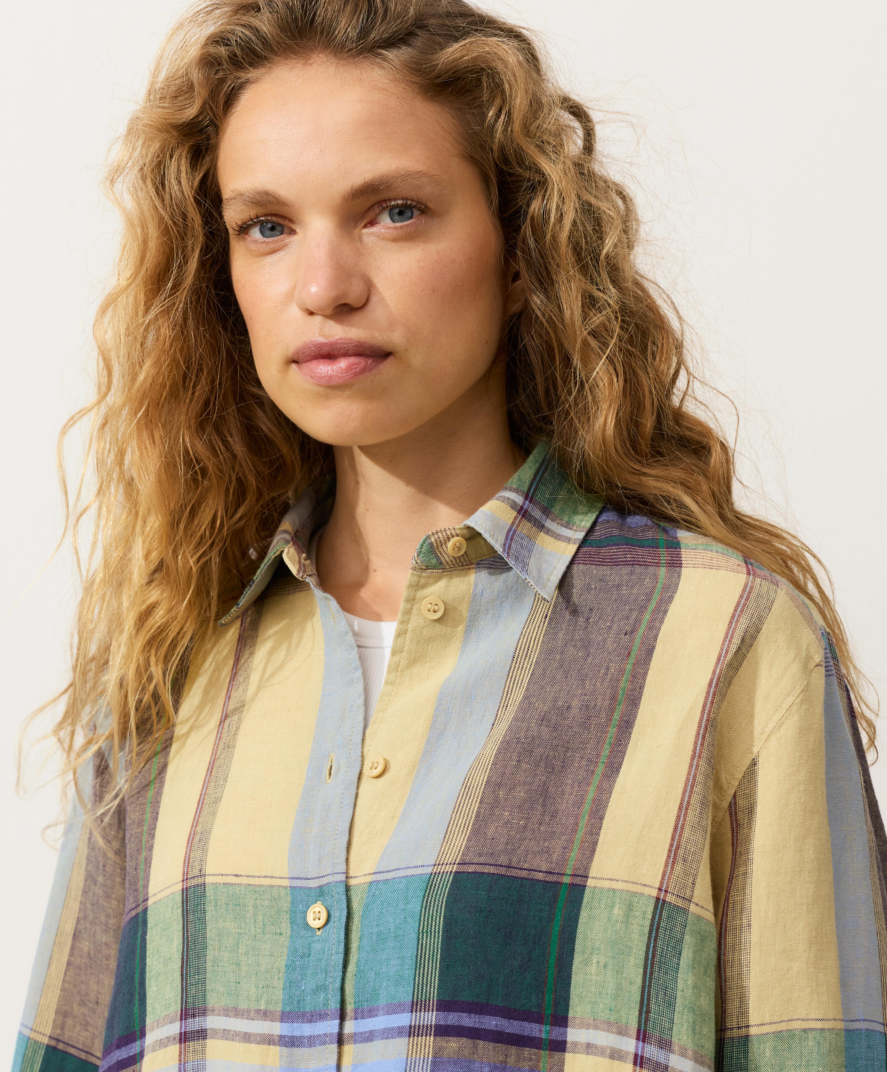100% linen regular check shirt — MID-YELLOW