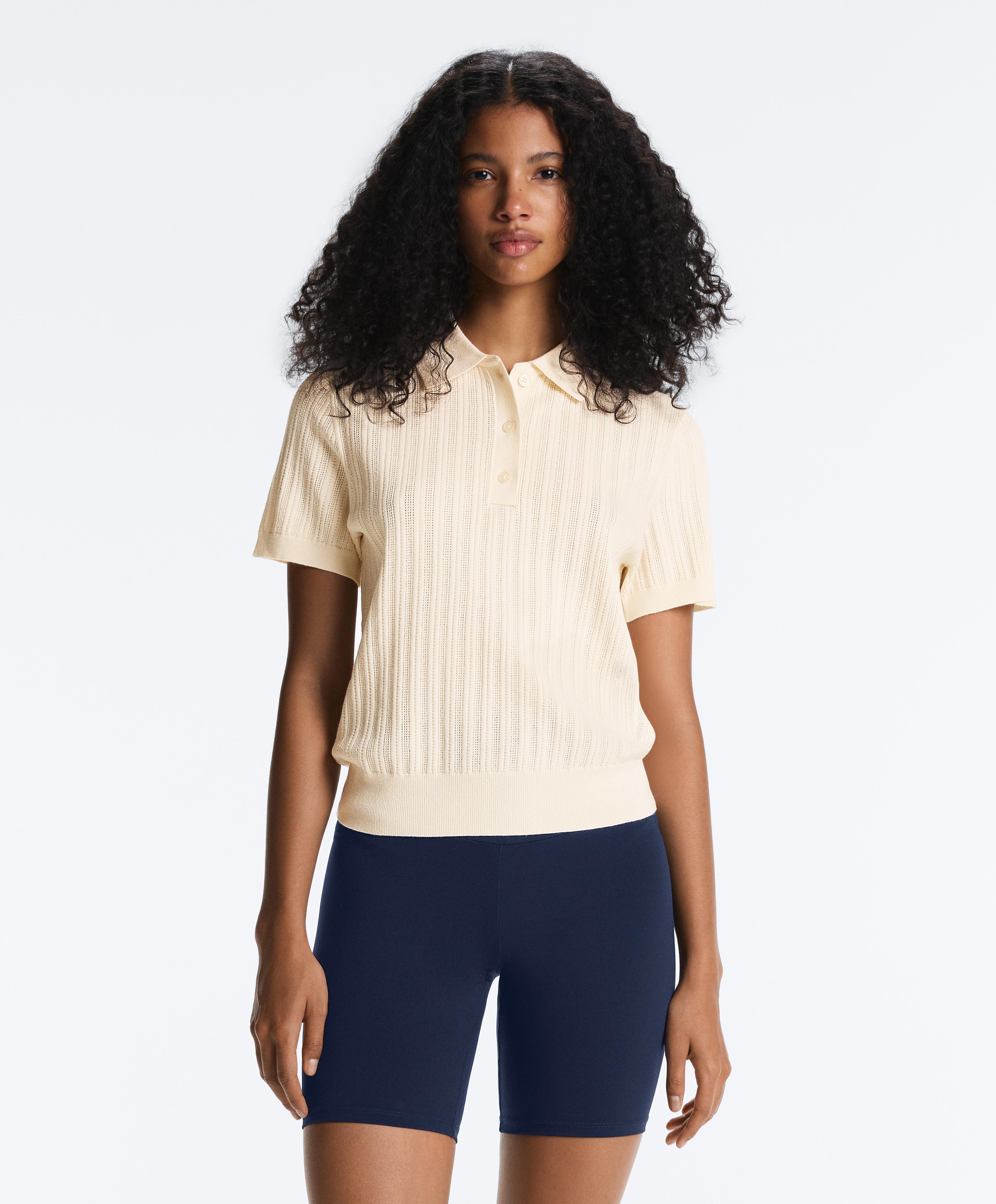Short sleeve open knit polo shirt — ECRU