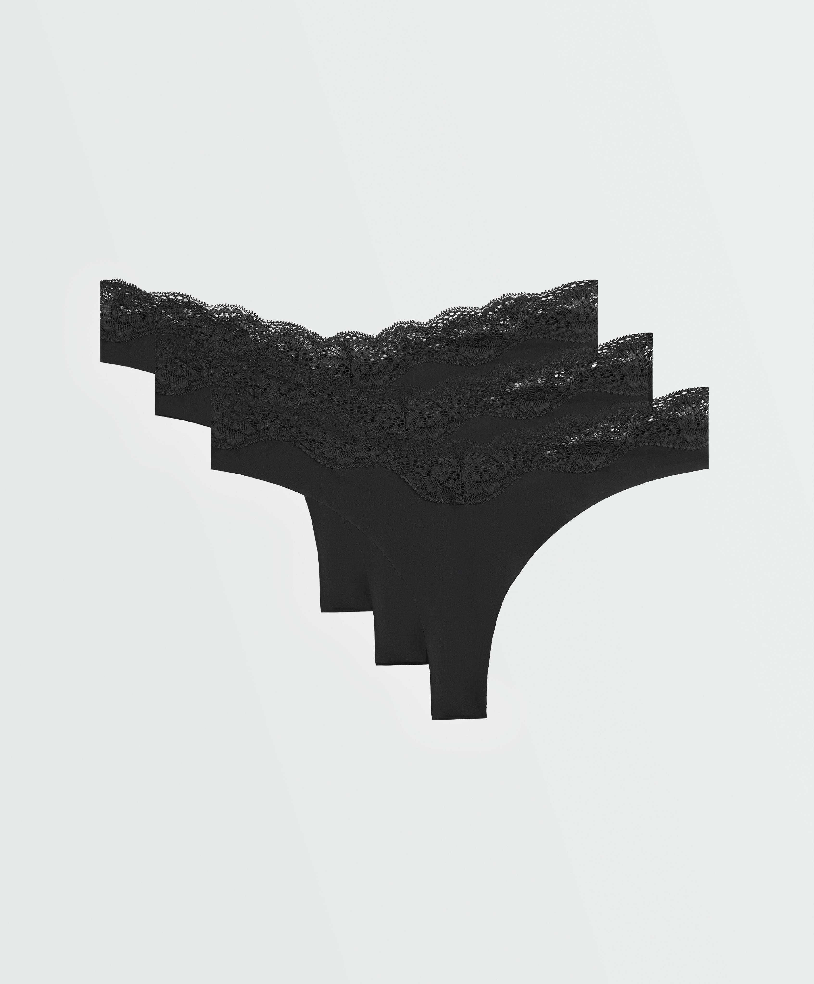 3 laser-cut V-cut lace polyamide blend thongs — BLACK
