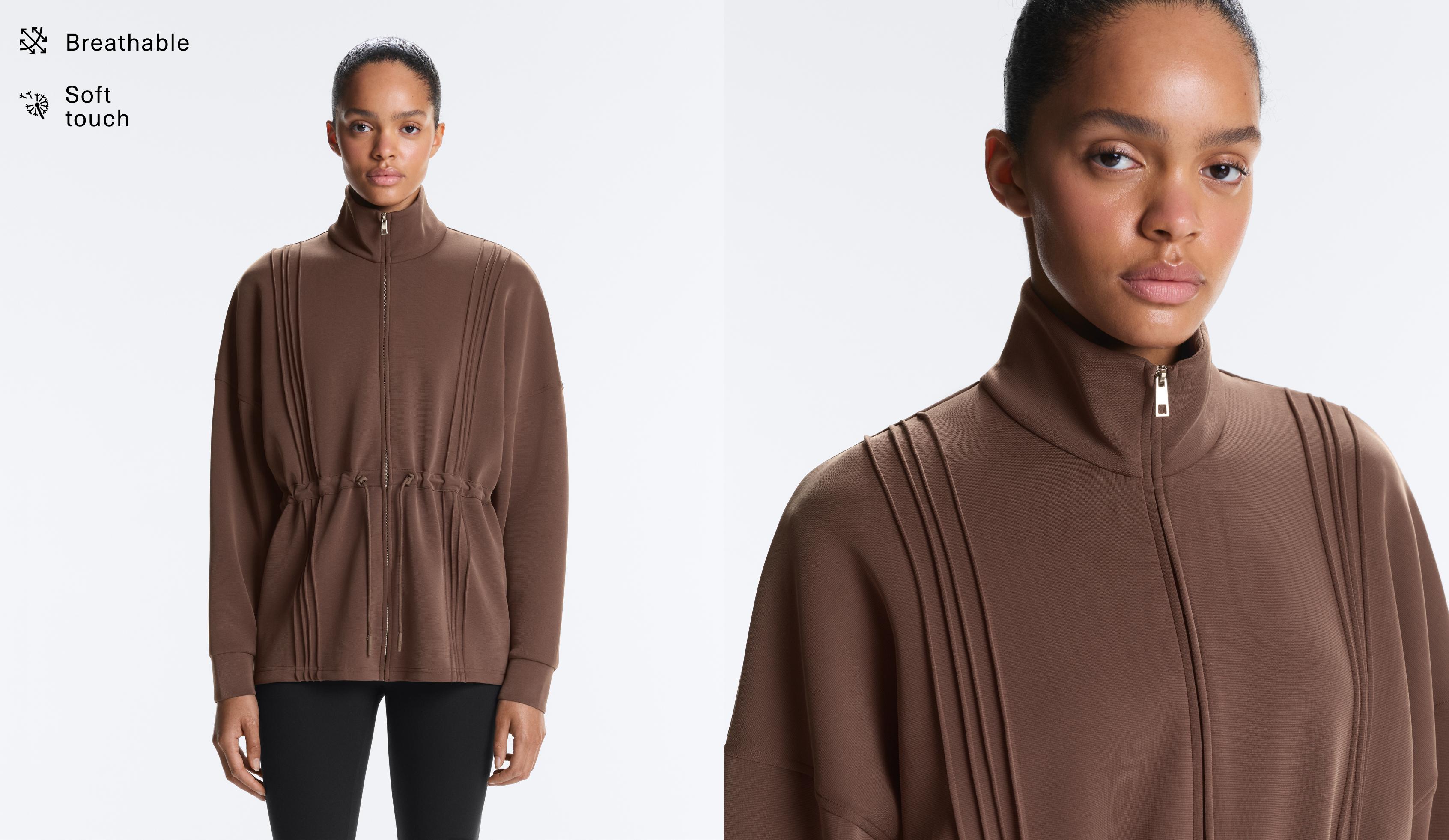 Long jacket with ribbed high neck and soft-touch modal — MID-BROWN