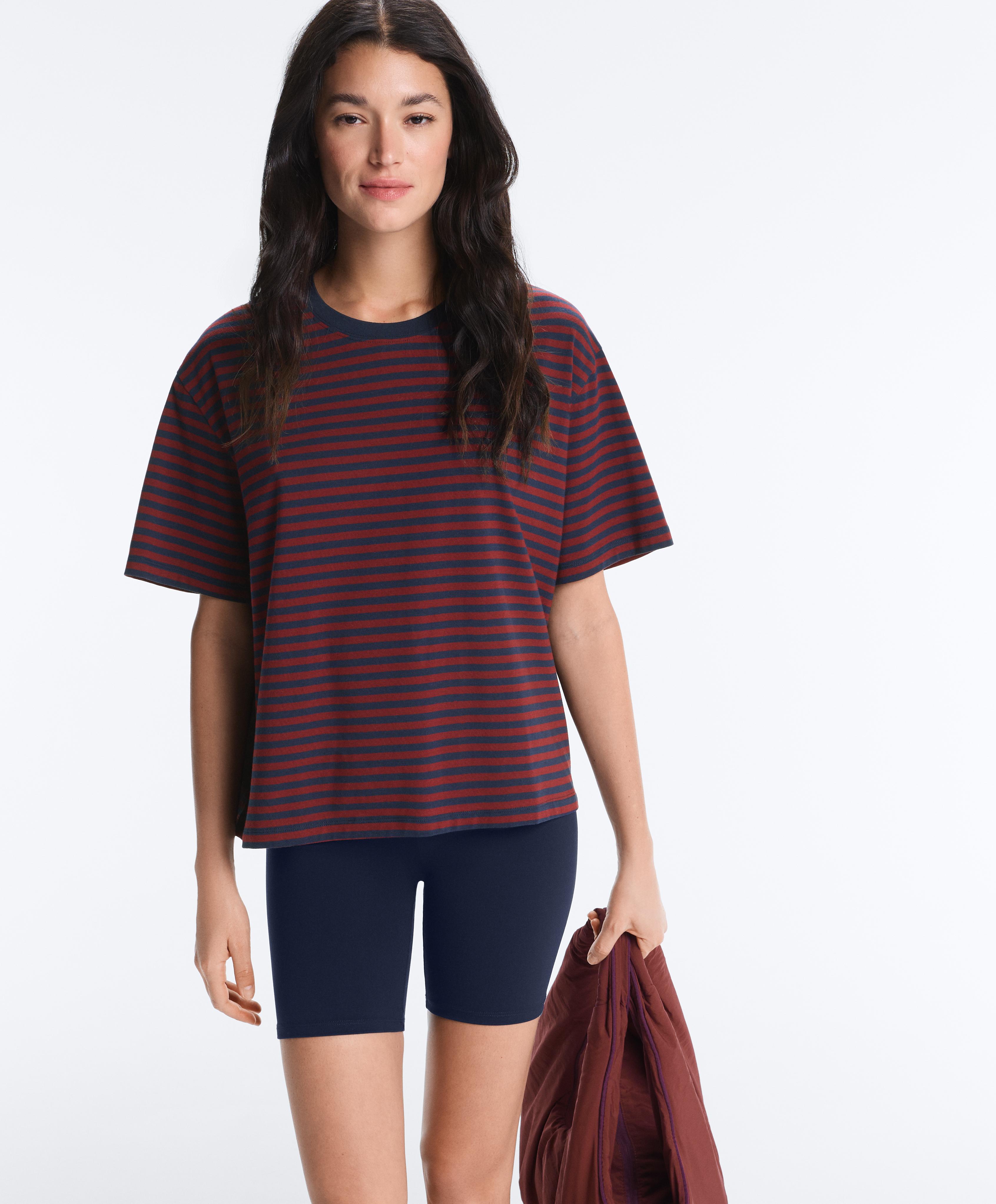 Boxy short sleeve striped cotton blend T-shirt — BRIGHT RED