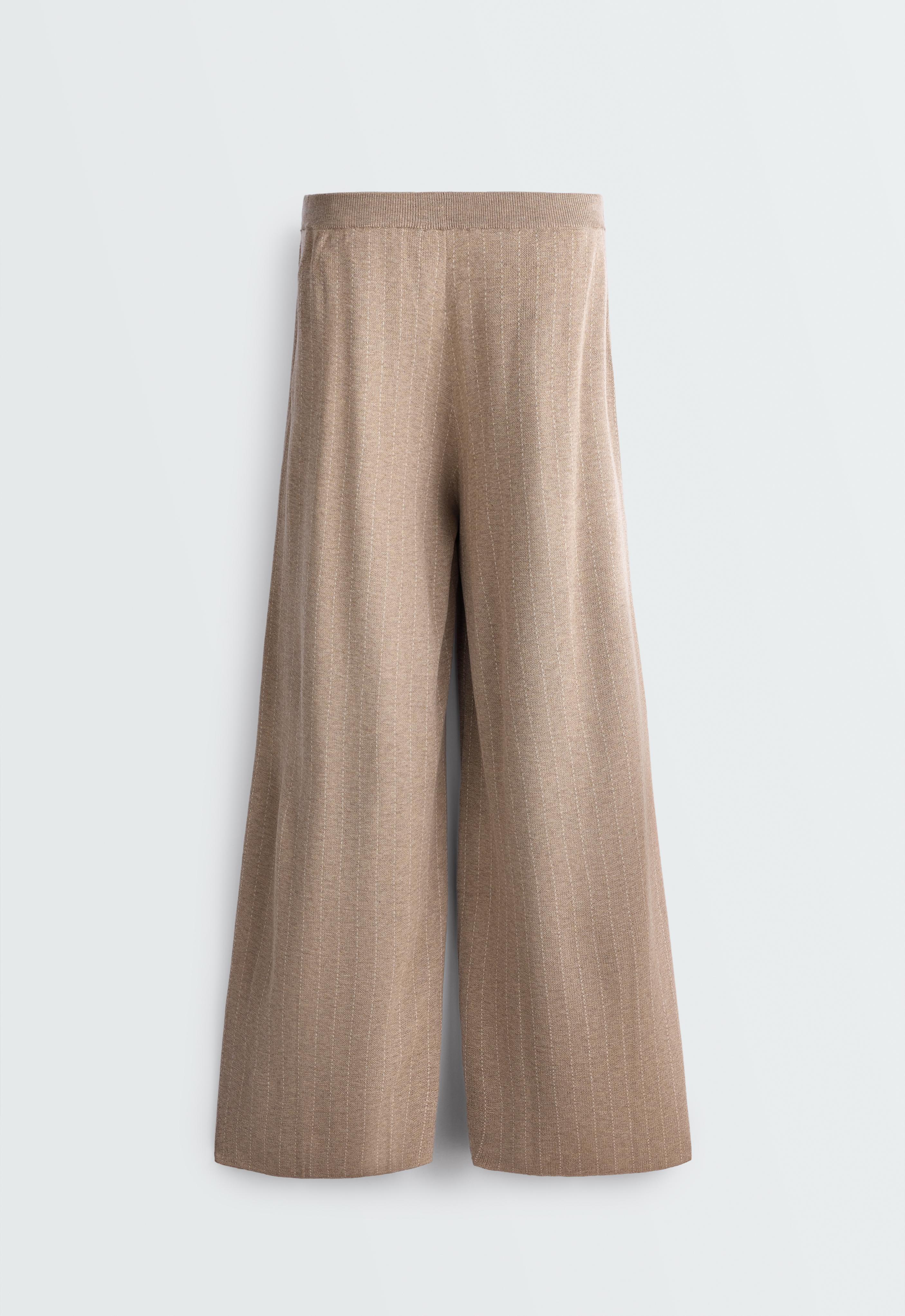 Wide-leg pinstripe knit trousers — DARK NOUGAT