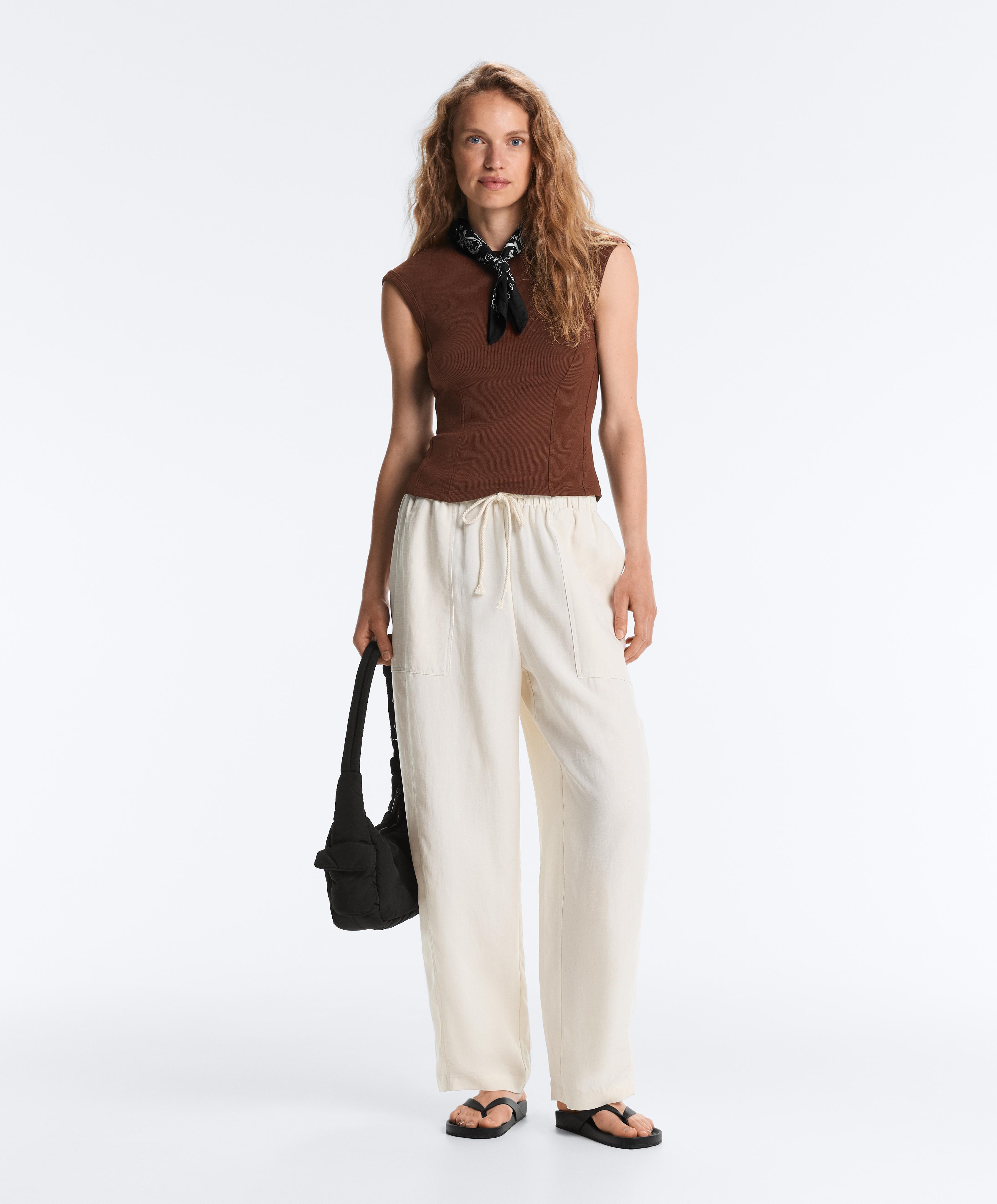 Short-sleeved rib top with cotton and modal — COFFEE