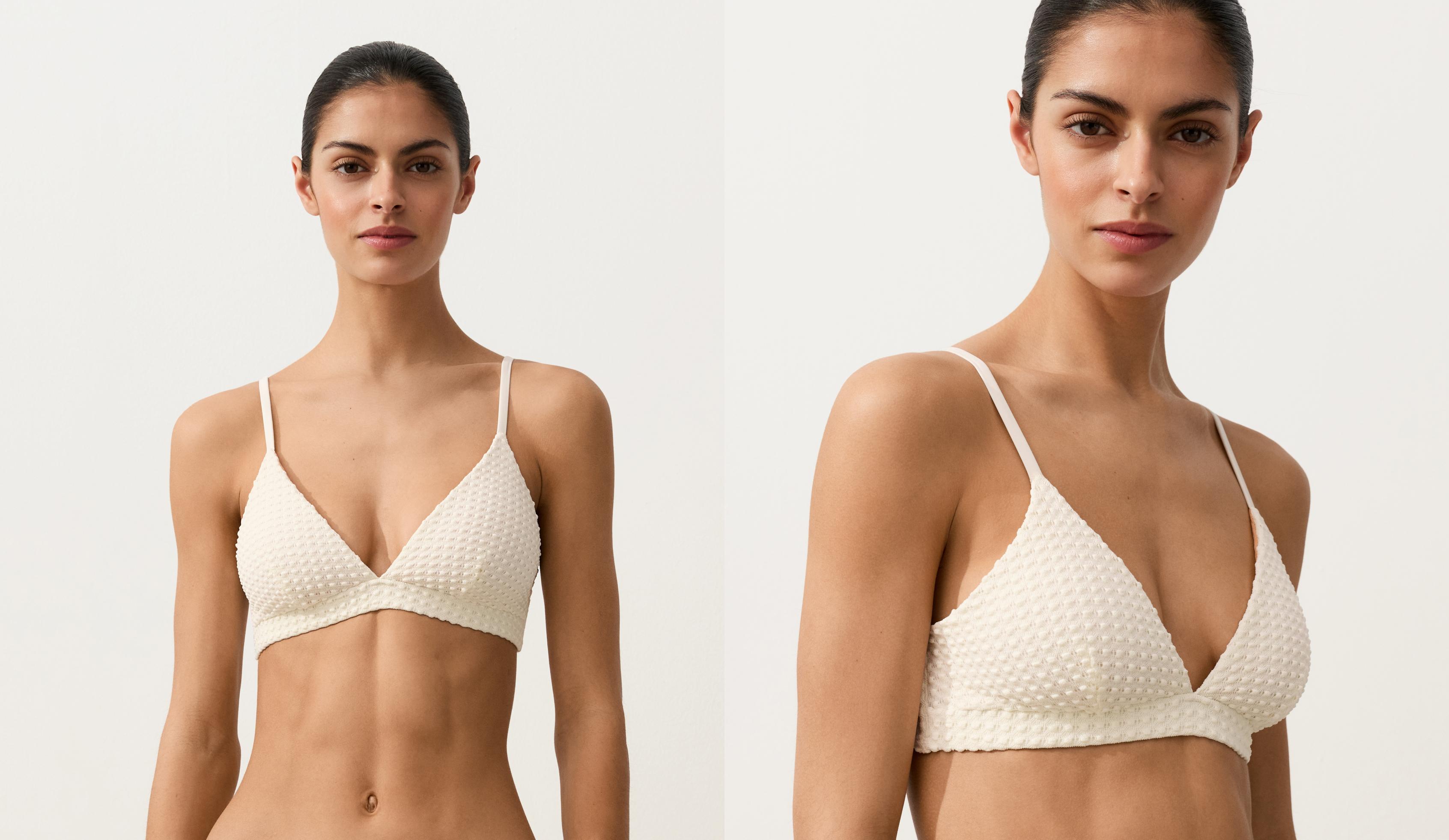 Bubble-texture crochet triangle bikini top — ECRU