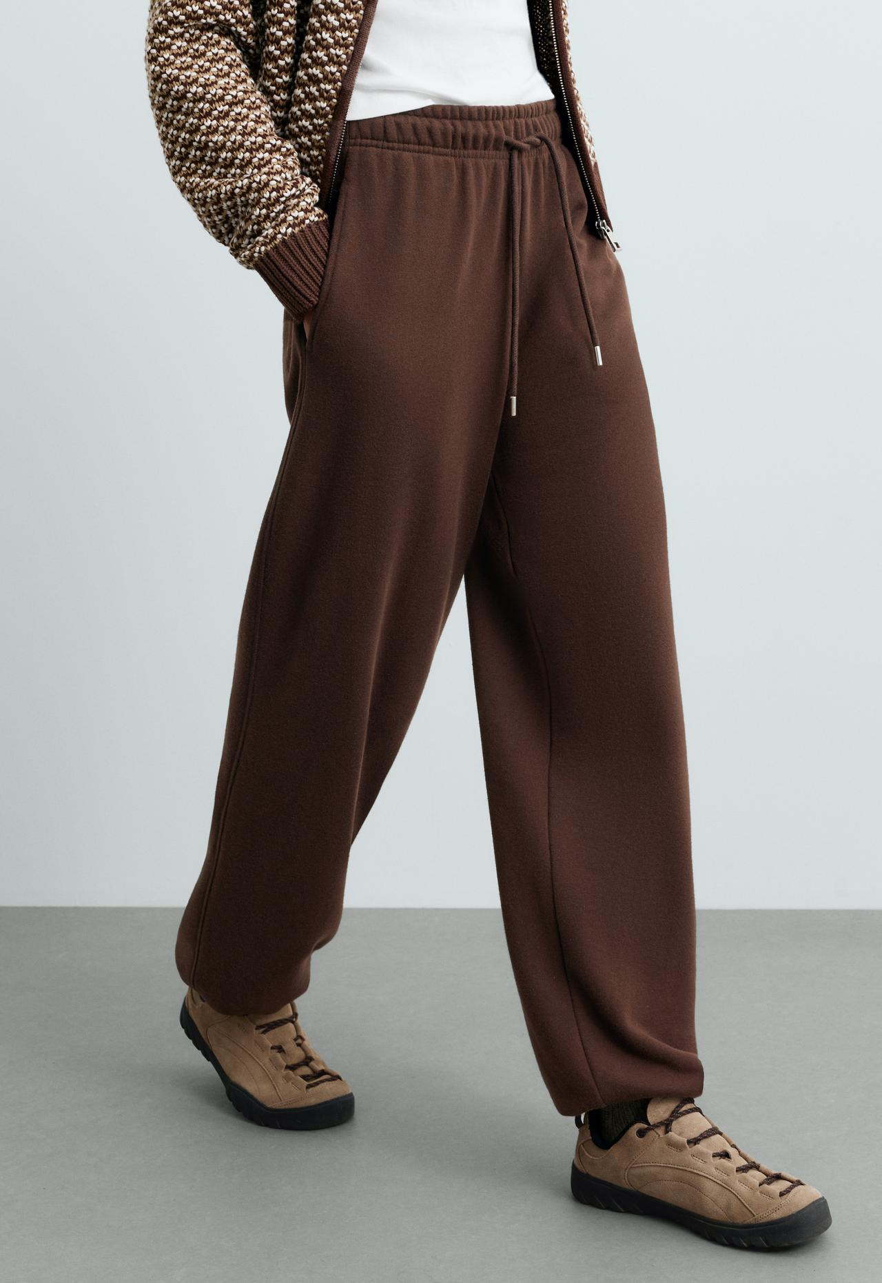 Adjustable cotton-blend fleece straight trousers — DARK REDDISH‑BROWN