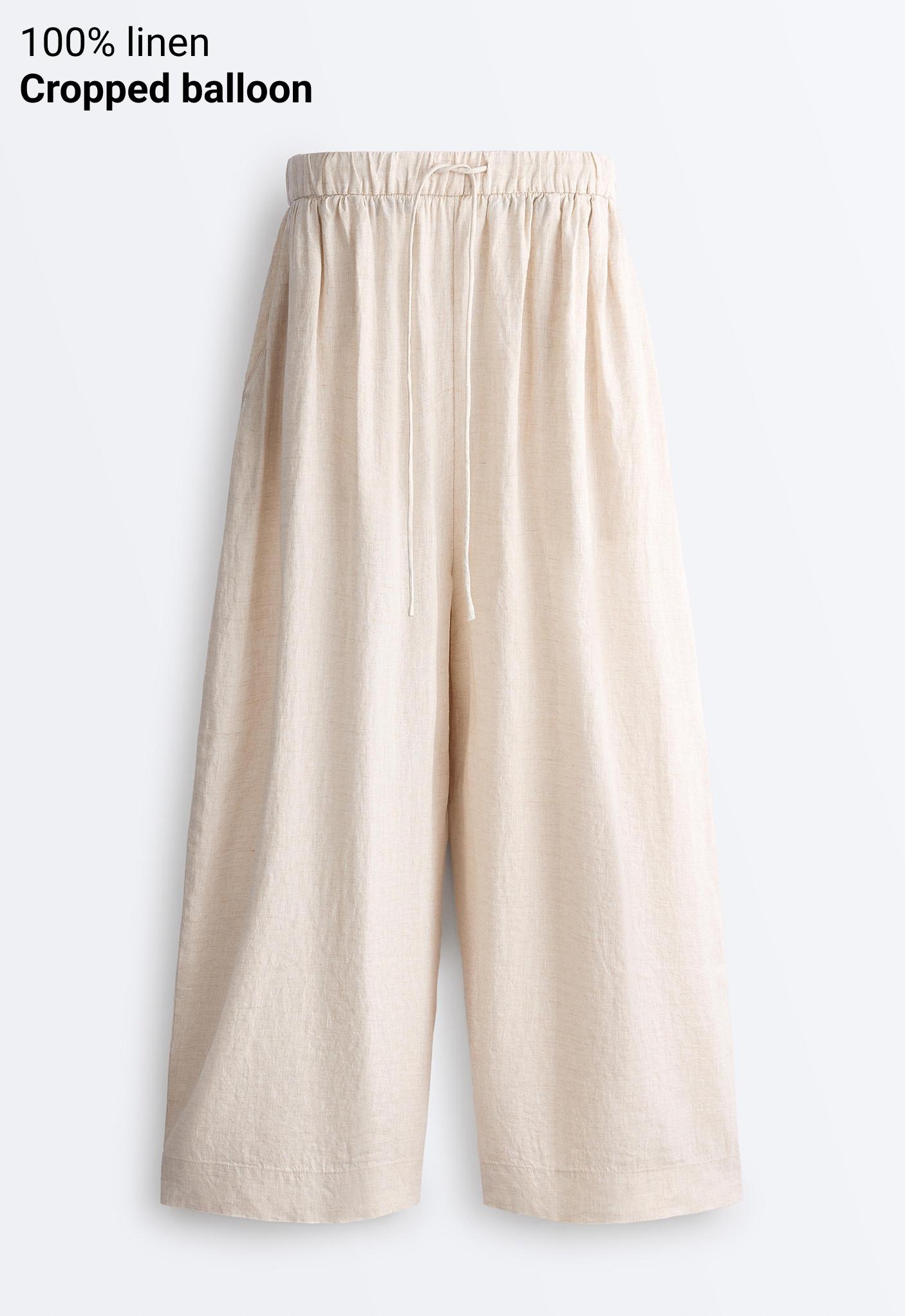 100% linen crop balloon trousers — SAND MELANGE