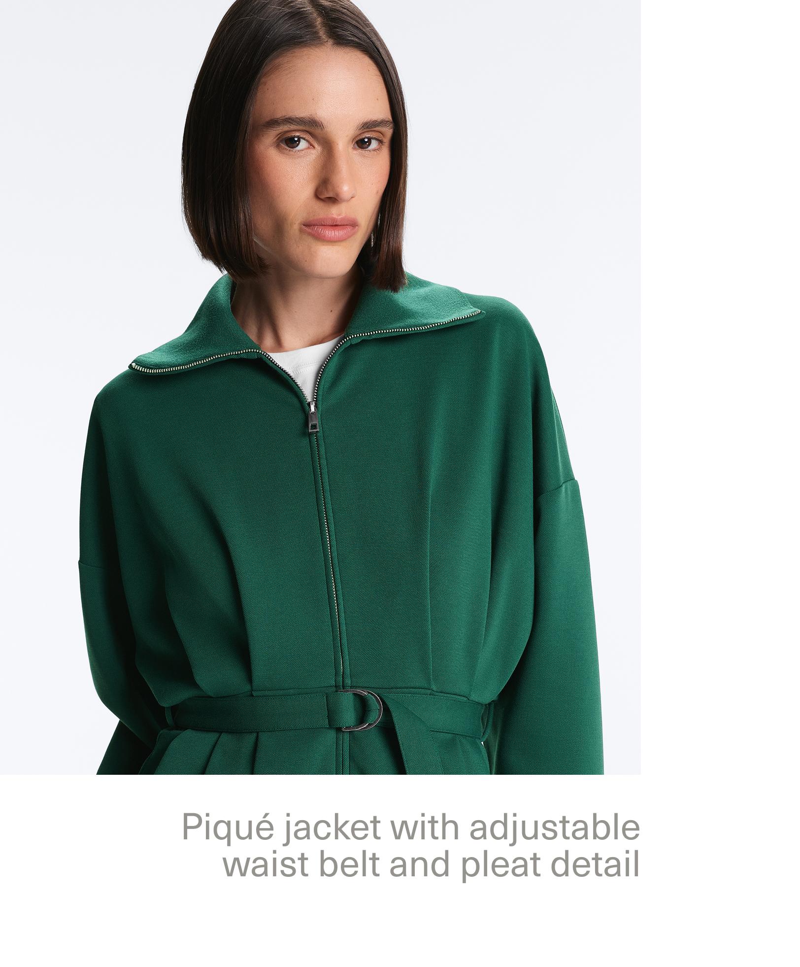 Long cotton piqué belted jacket — DARK EMERALD
