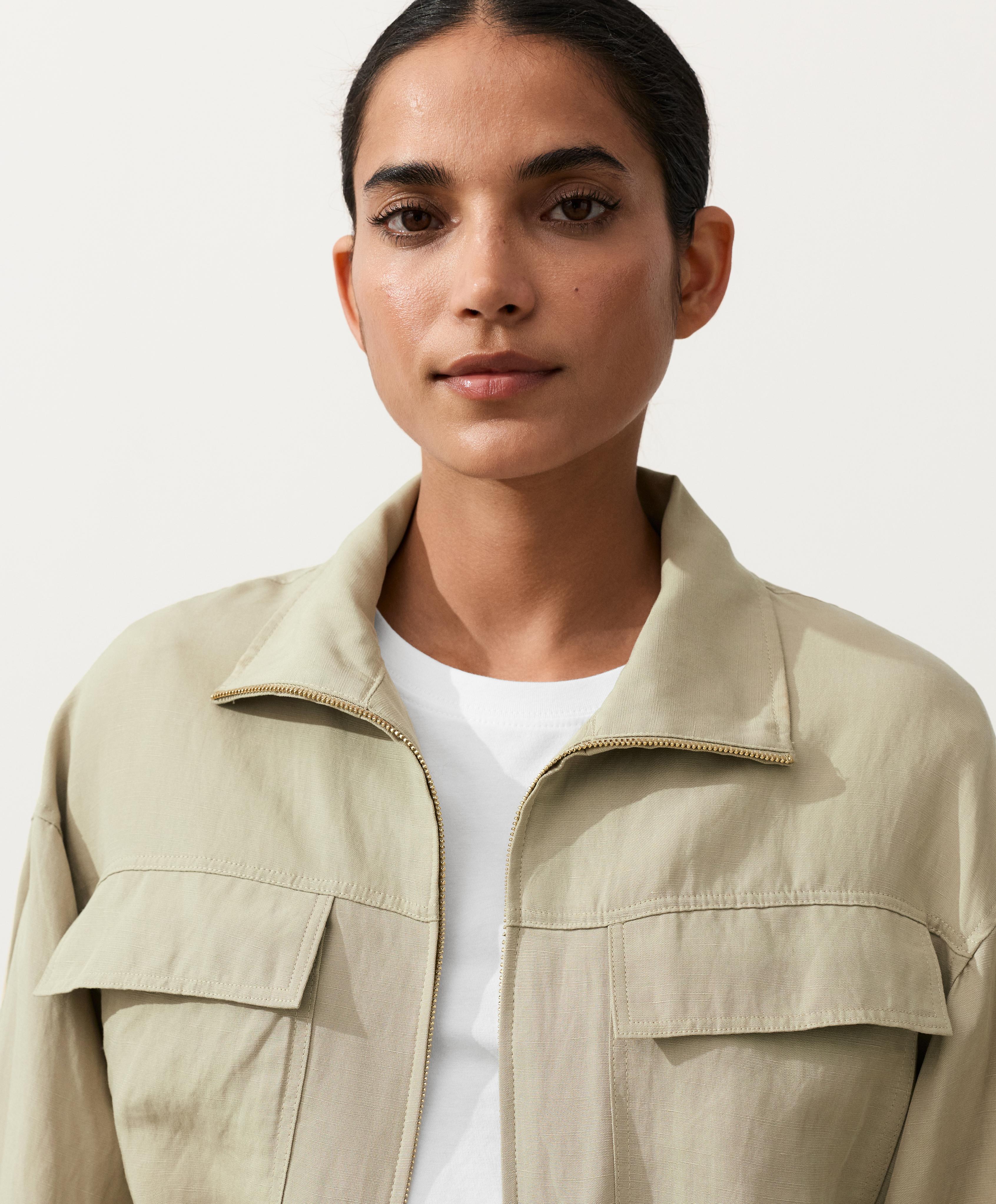 Lyocell and 24% linen blend ruched waist jacket — GREEN BEIGE
