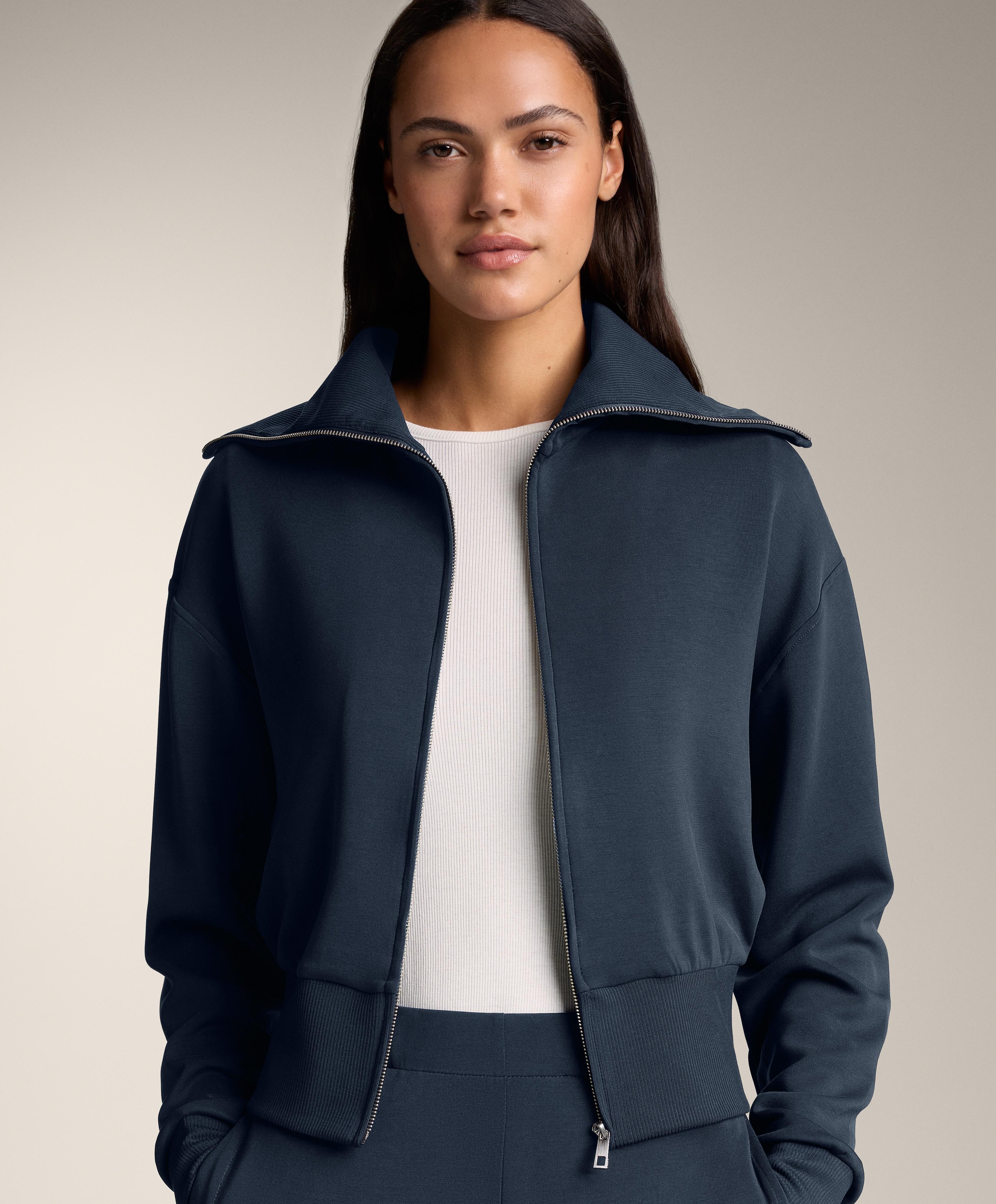 Fitted waist knit collar jacket with modal — NAVY BLUE