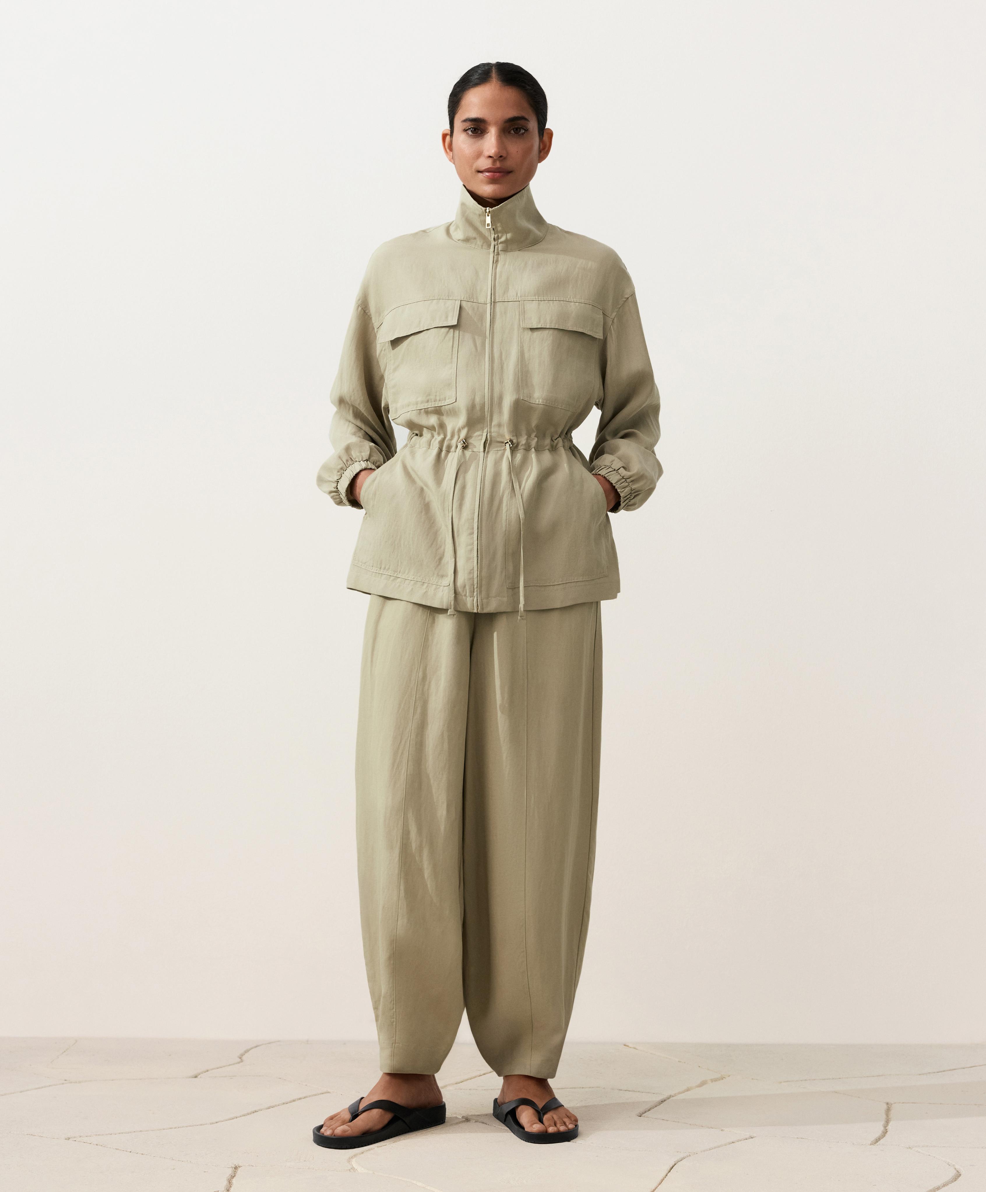 Lyocell and 24% linen blend ruched waist jacket — GREEN BEIGE