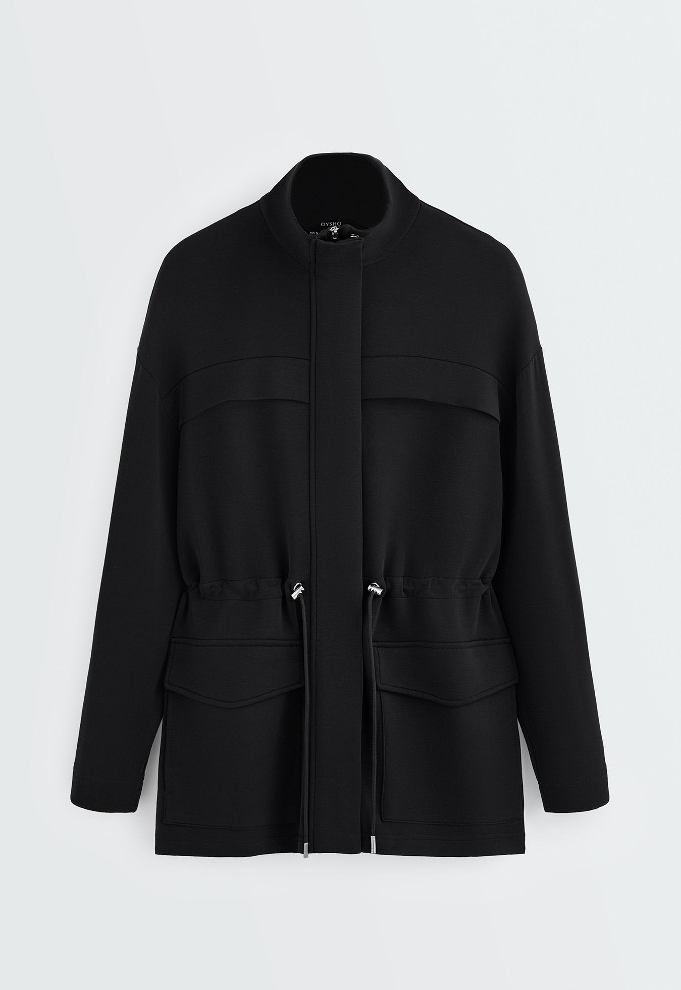 Long soft-touch modal jacket with pockets — BLACK