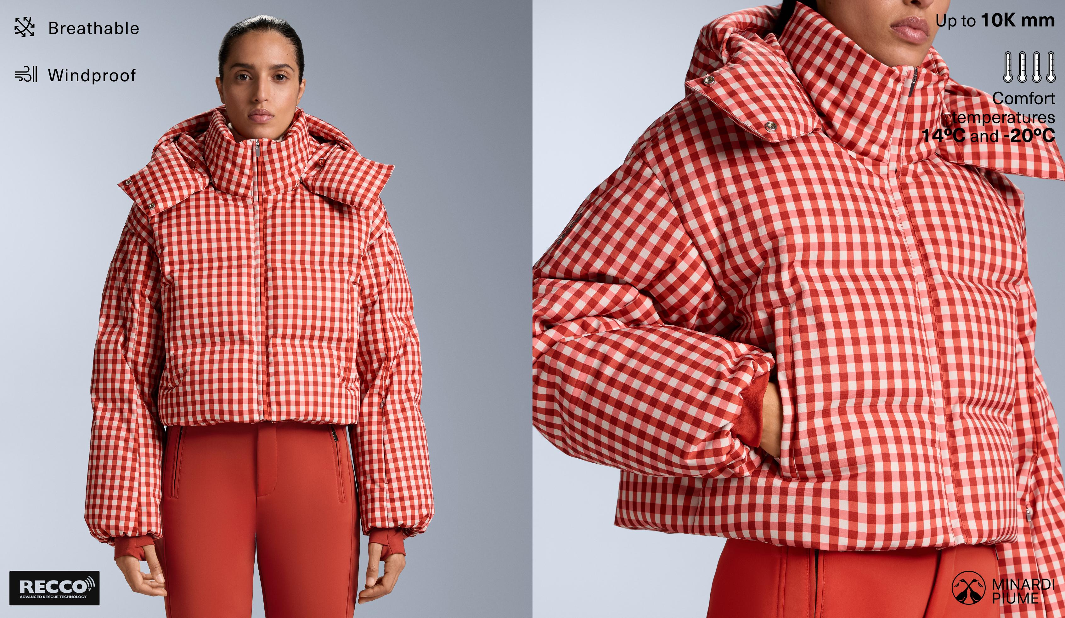 Lightweight 80% down and 20% MINARDI PIUME SKI water-resistant short jacket — BRIGHT BURNT ORANGE 