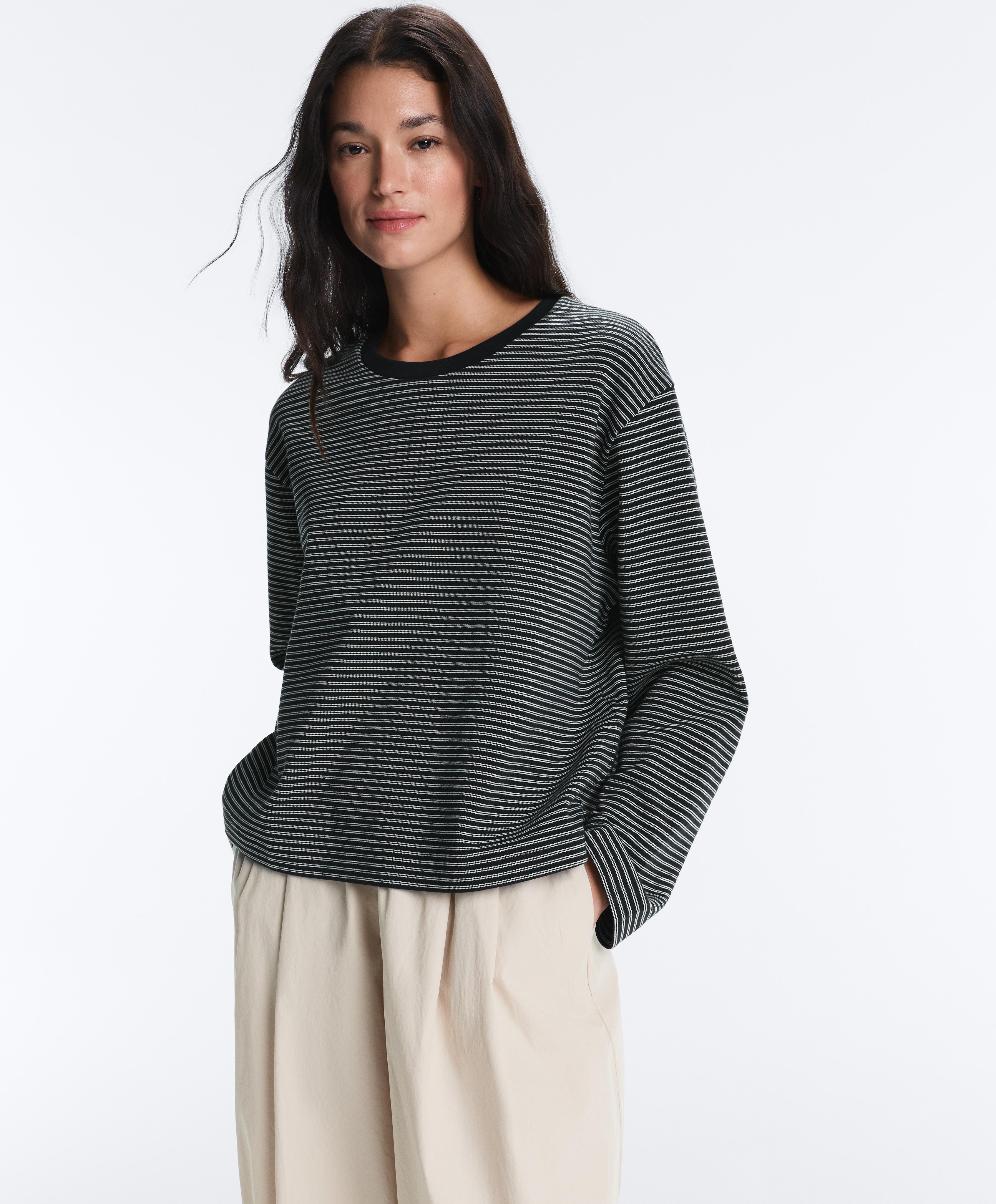 Striped cotton blend long sleeve relaxed T-shirt — BLACK