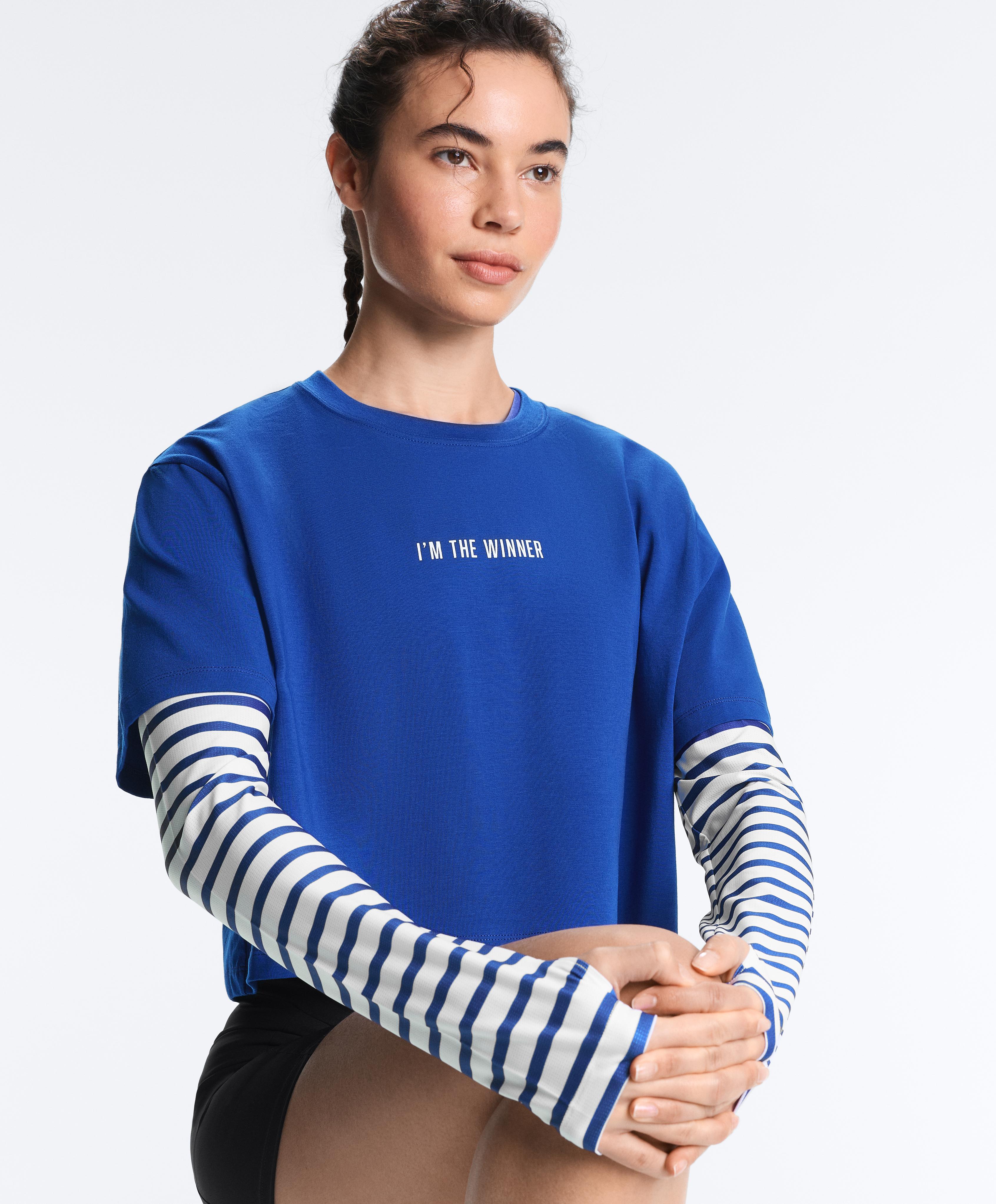 Boxy cropped cotton blend slogan T-shirt — ELECTRIC BLUE