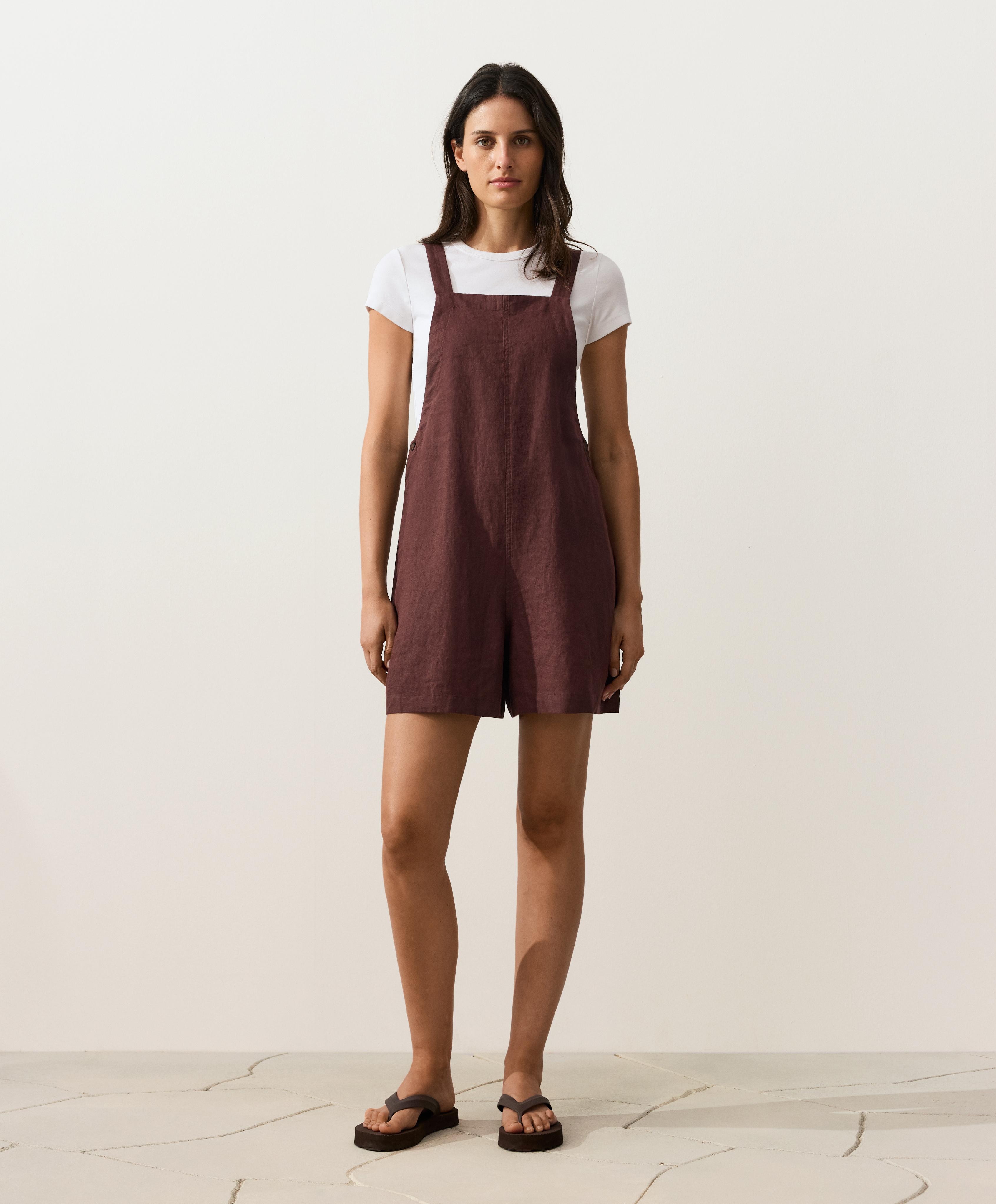 Short strappy 100% linen jumpsuit — CHOCOLATE