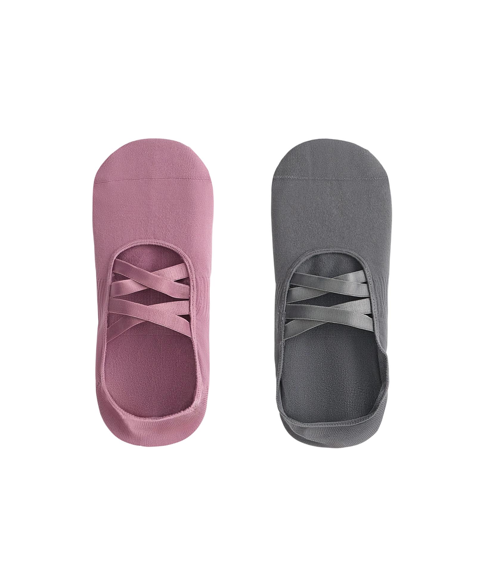 2 pairs of invisible polyamide blend yoga and Pilates socks with double straps — MAUVE PINK