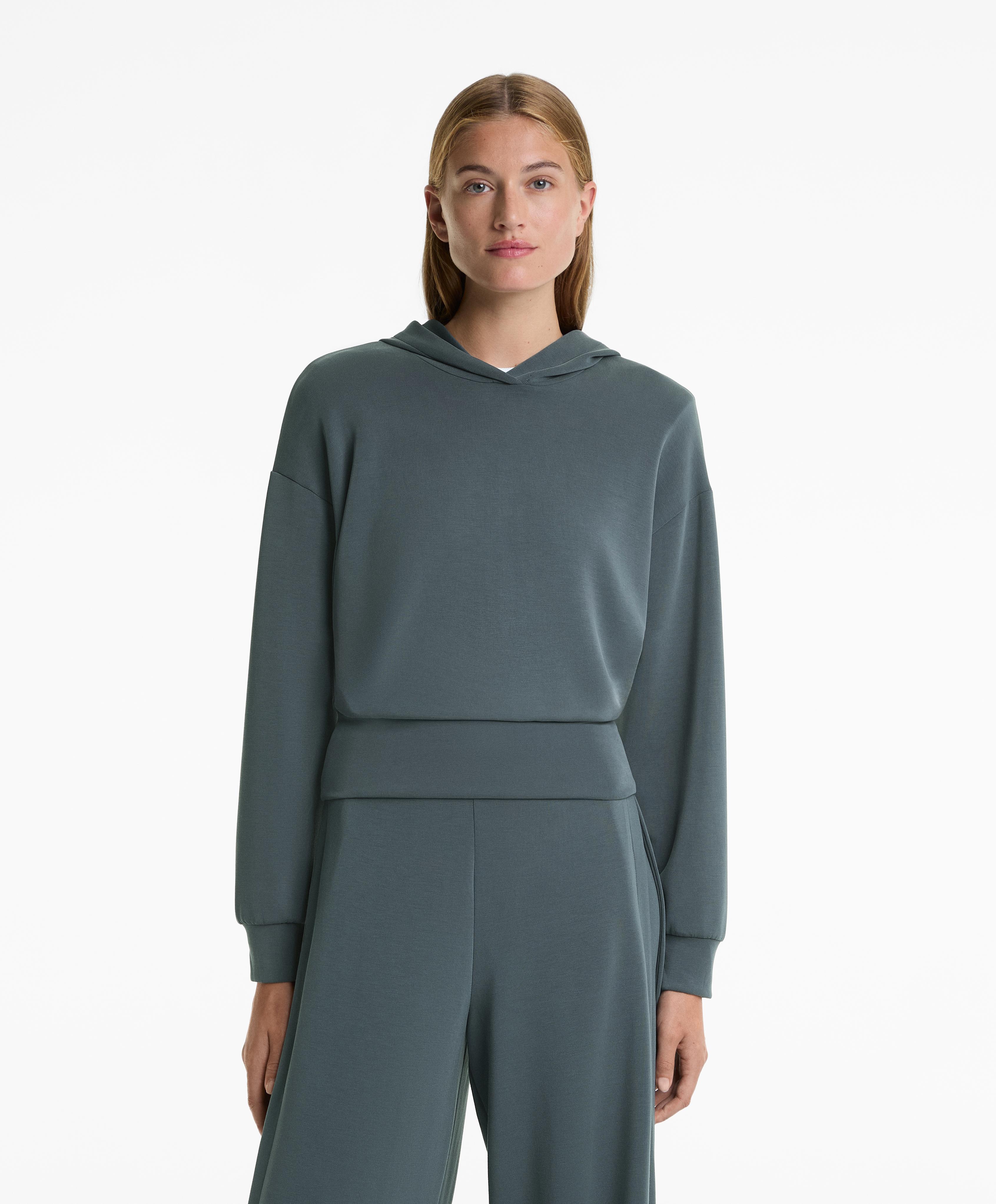 Cropped sweatshirt med hætte og tætsiddende talje i blød modal Cropped sweatshirt med hætte og tætsiddende talje i blød modal