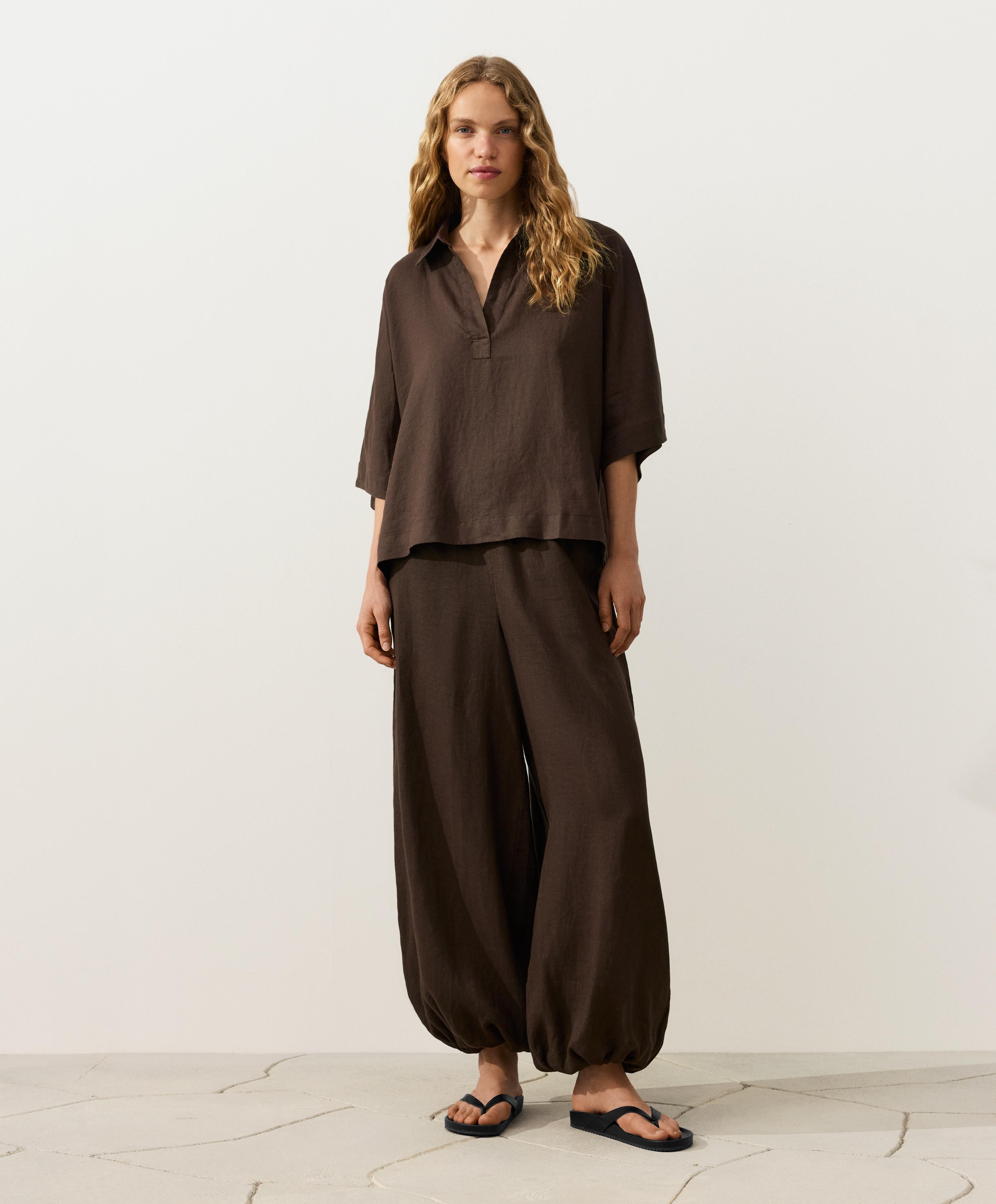 Oversize short-sleeve 100% linen polo shirt