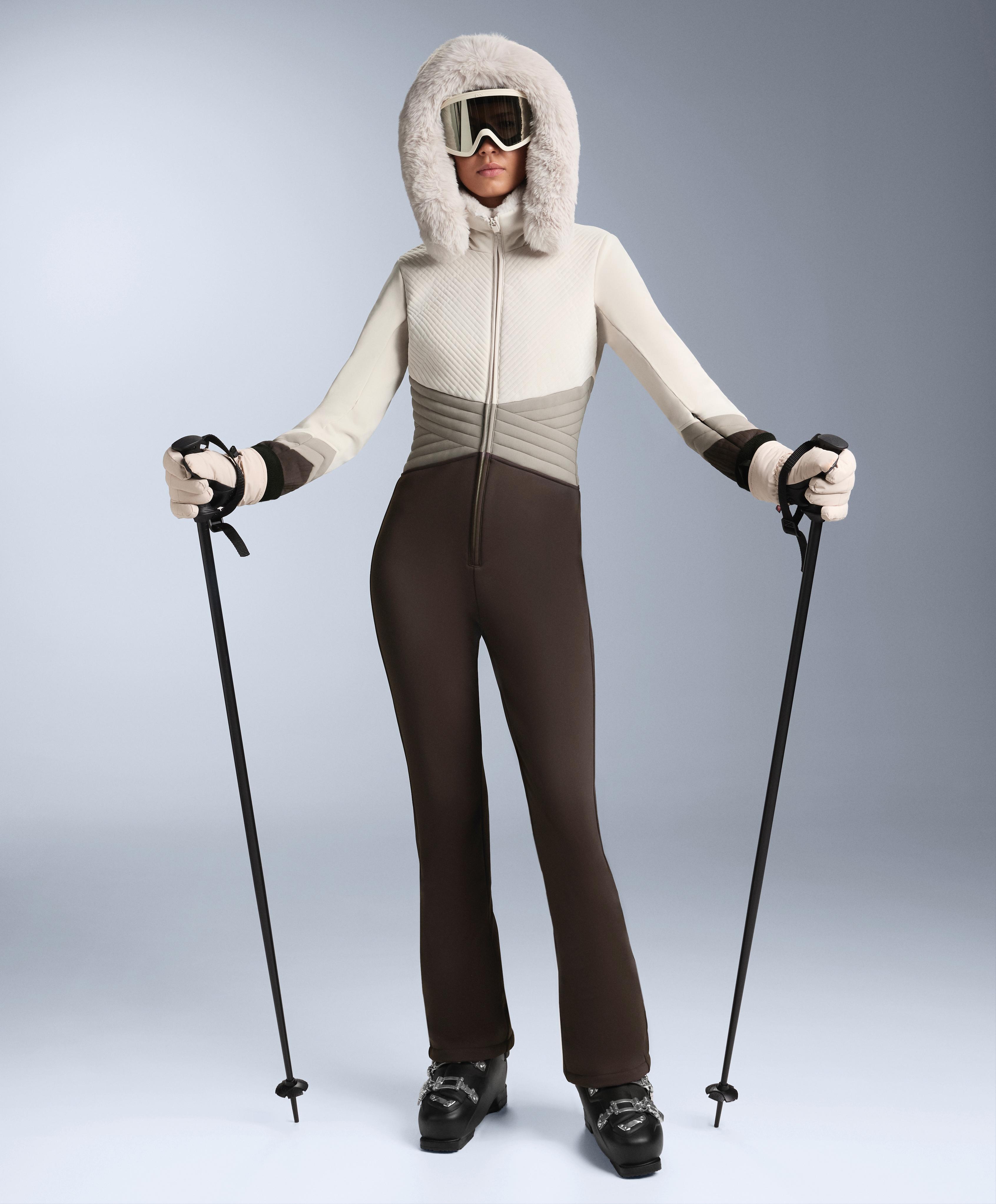 Water-resistant colour-block fitted stretch SKI jumpsuit — PALE MINK