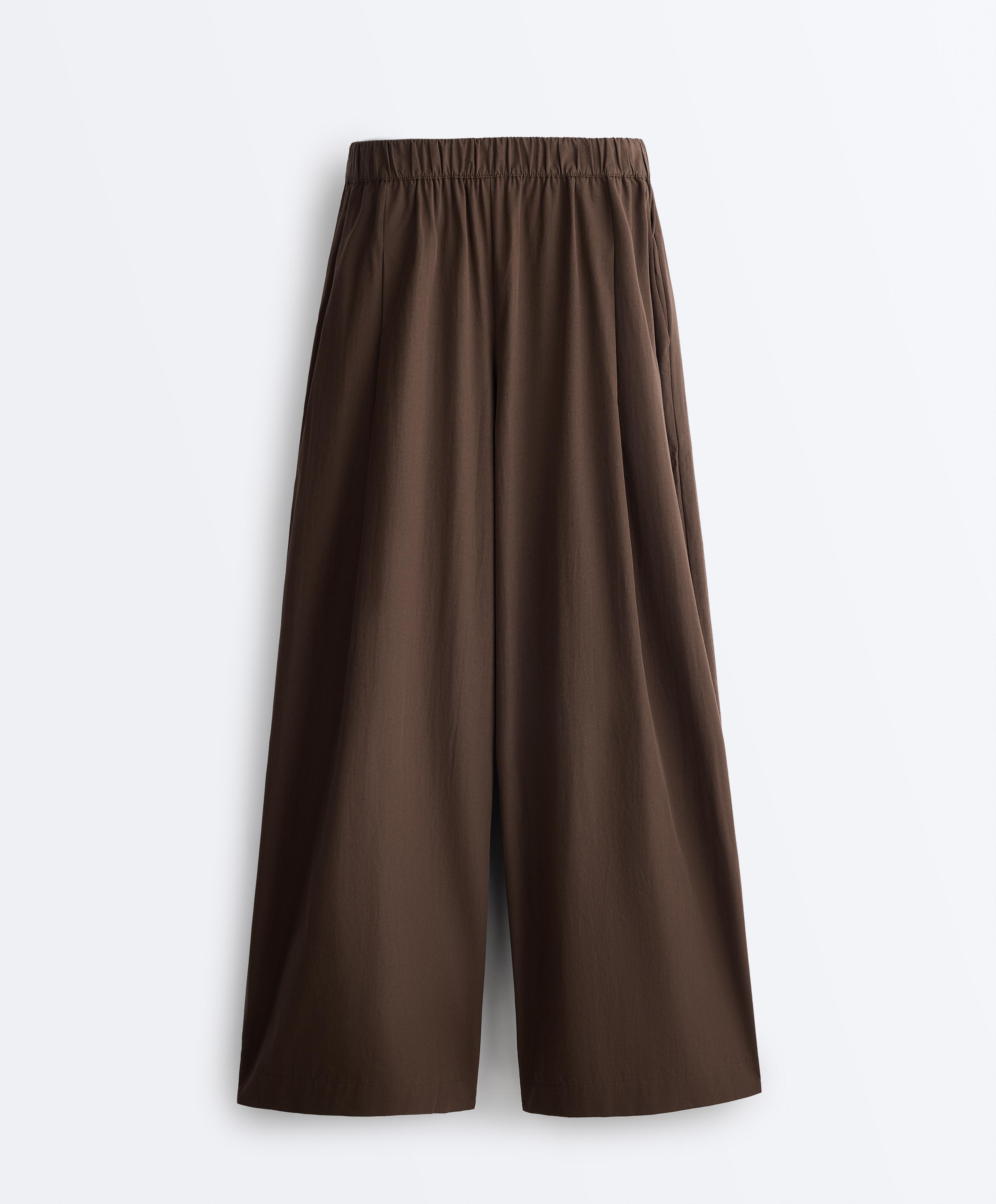 100% cotton poplin wide-leg trousers — DARK BROWN