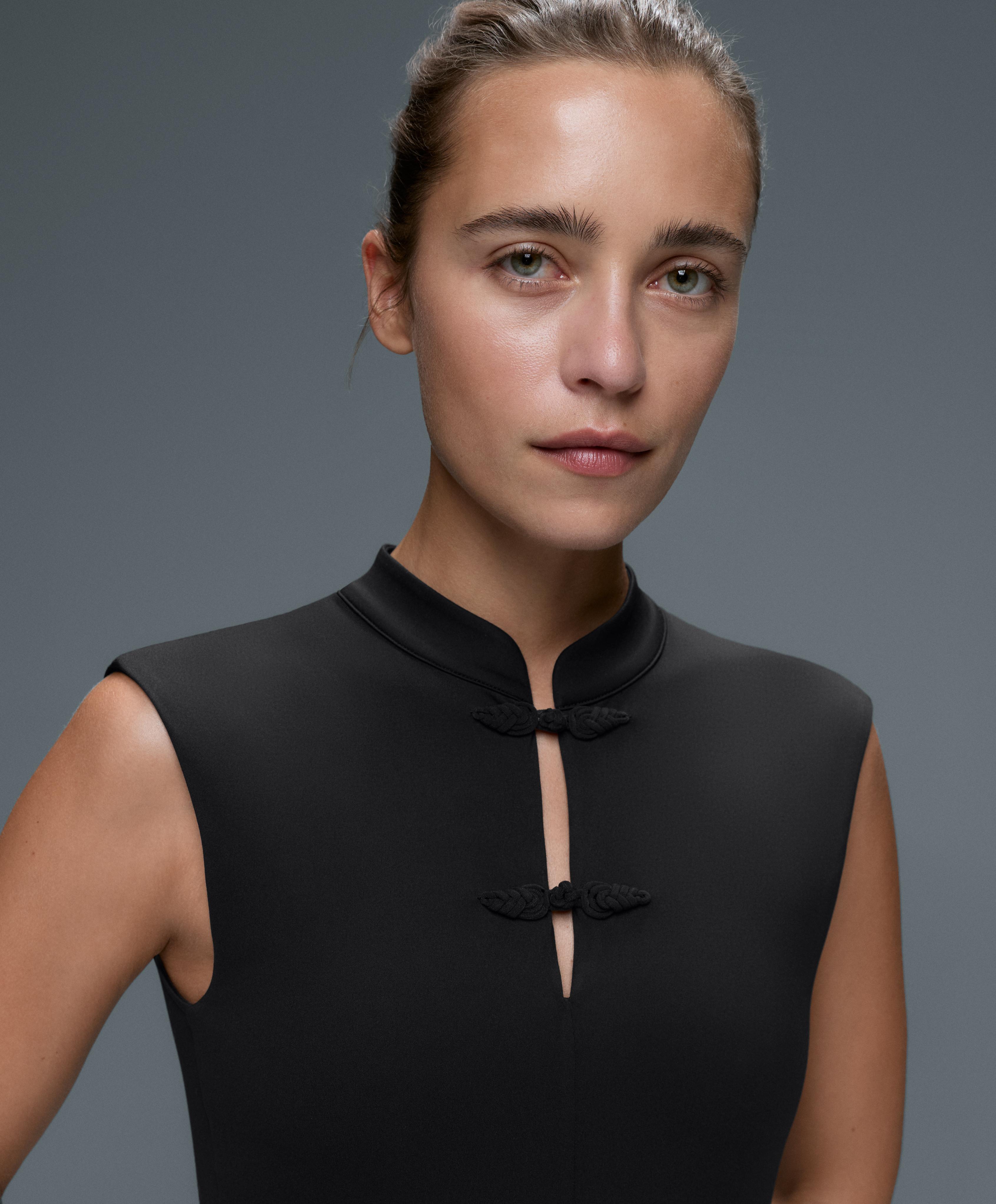 Comfortlux long jumpsuit with mandarin collar — BLACK