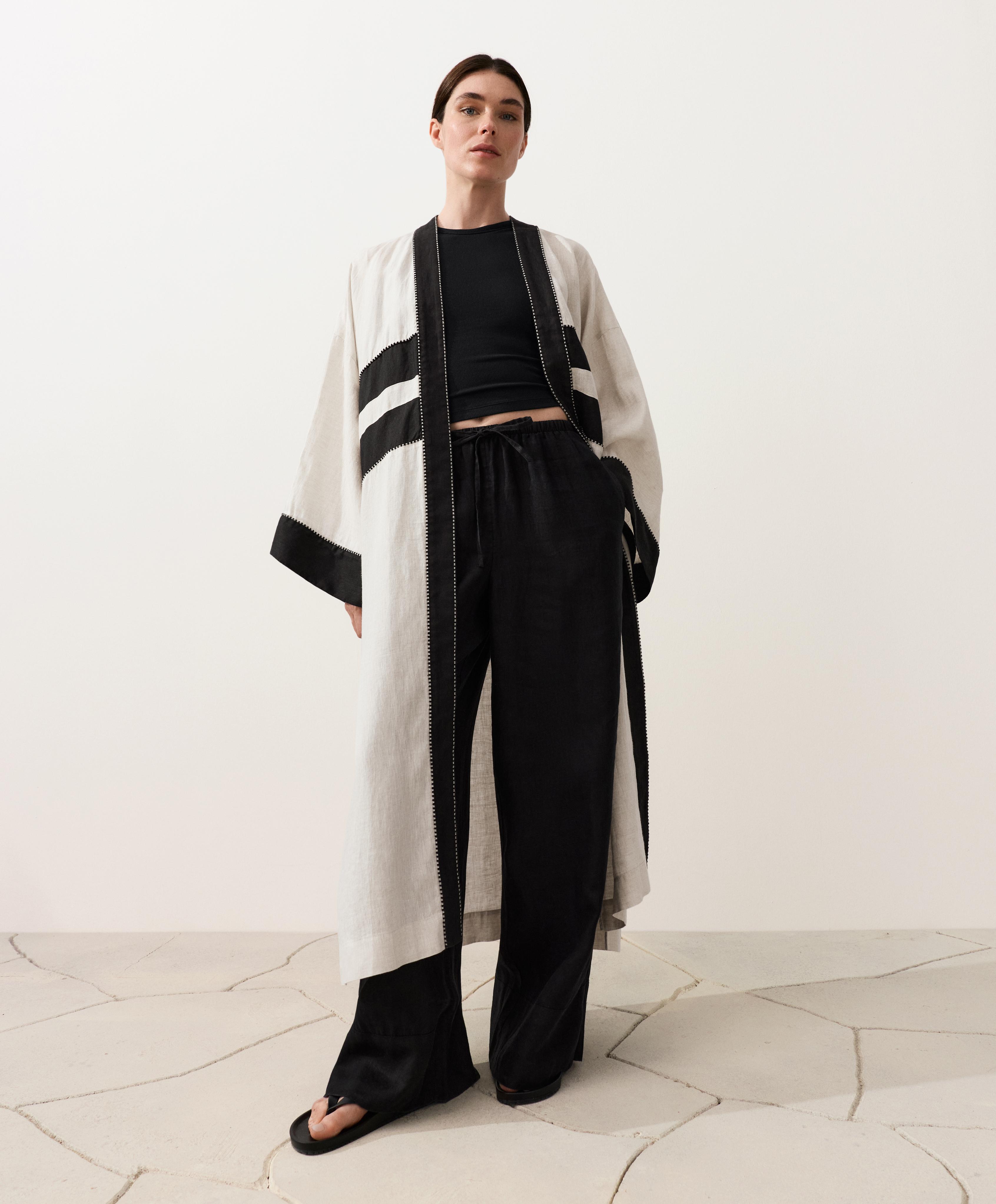 100% linen contrast Kaftan — SAND MELANGE