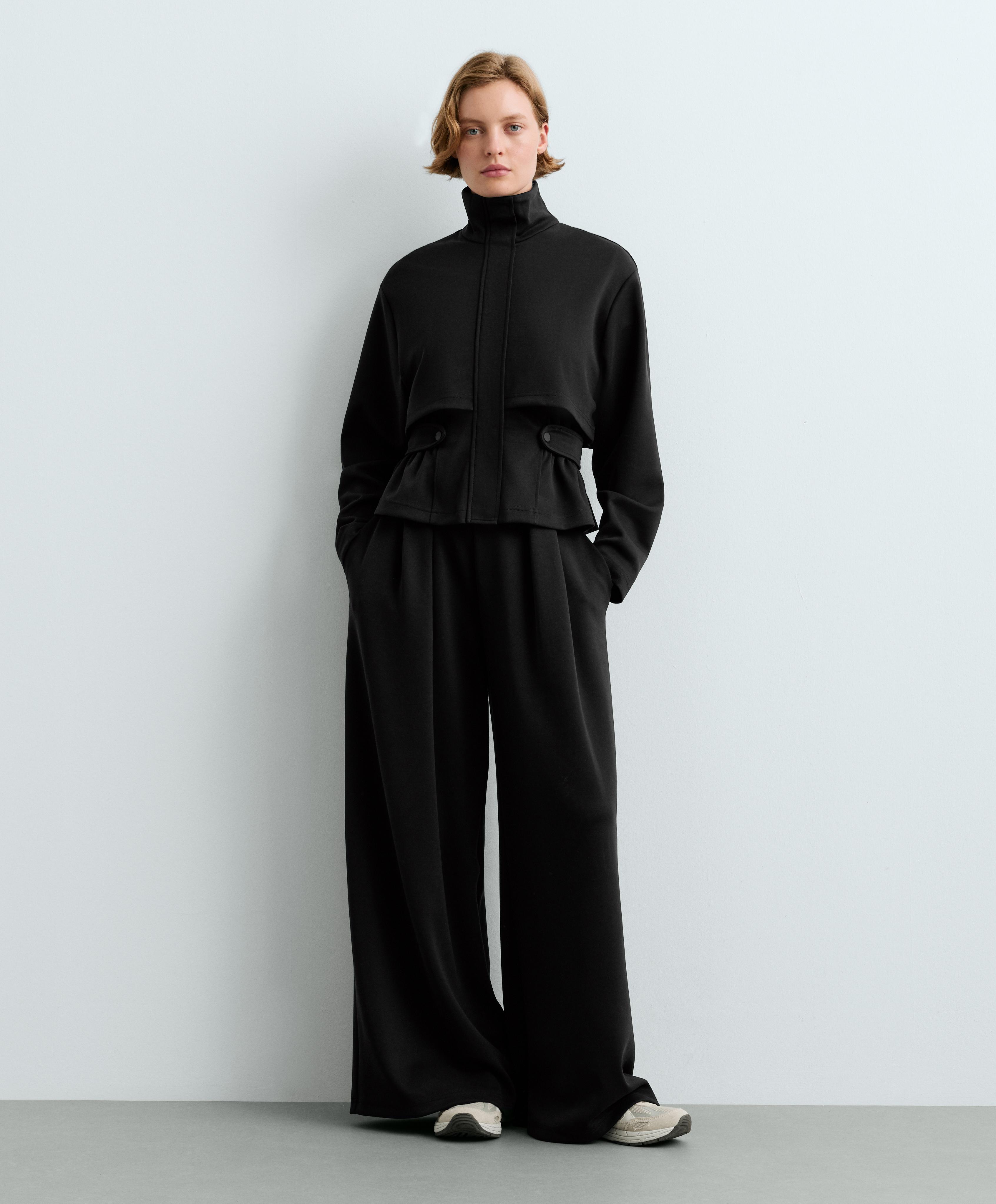 Wide-leg piqué trousers with modal — BLACK