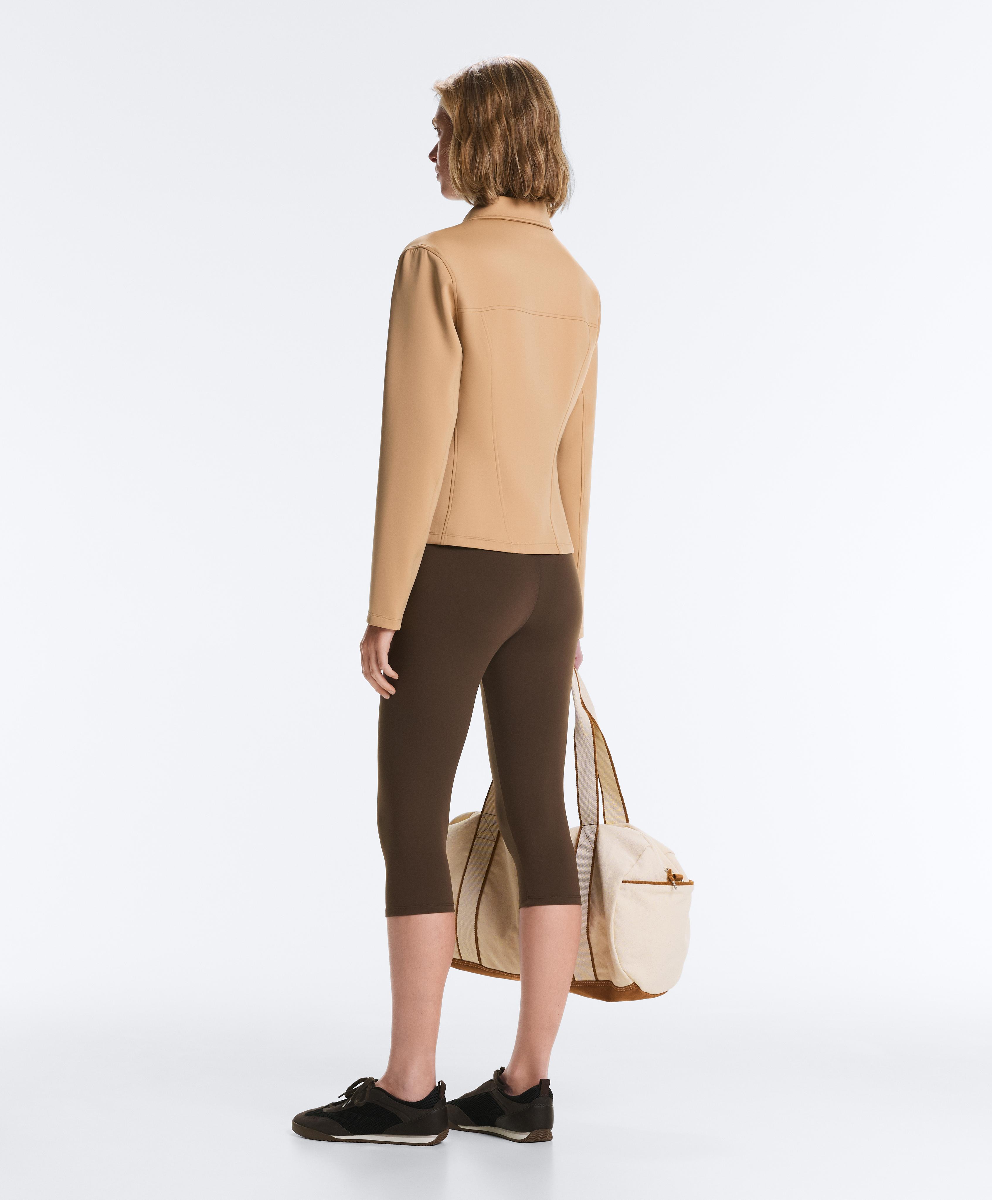 Neoprene-effect peplum jacket with ribbing — PALE CAMEL