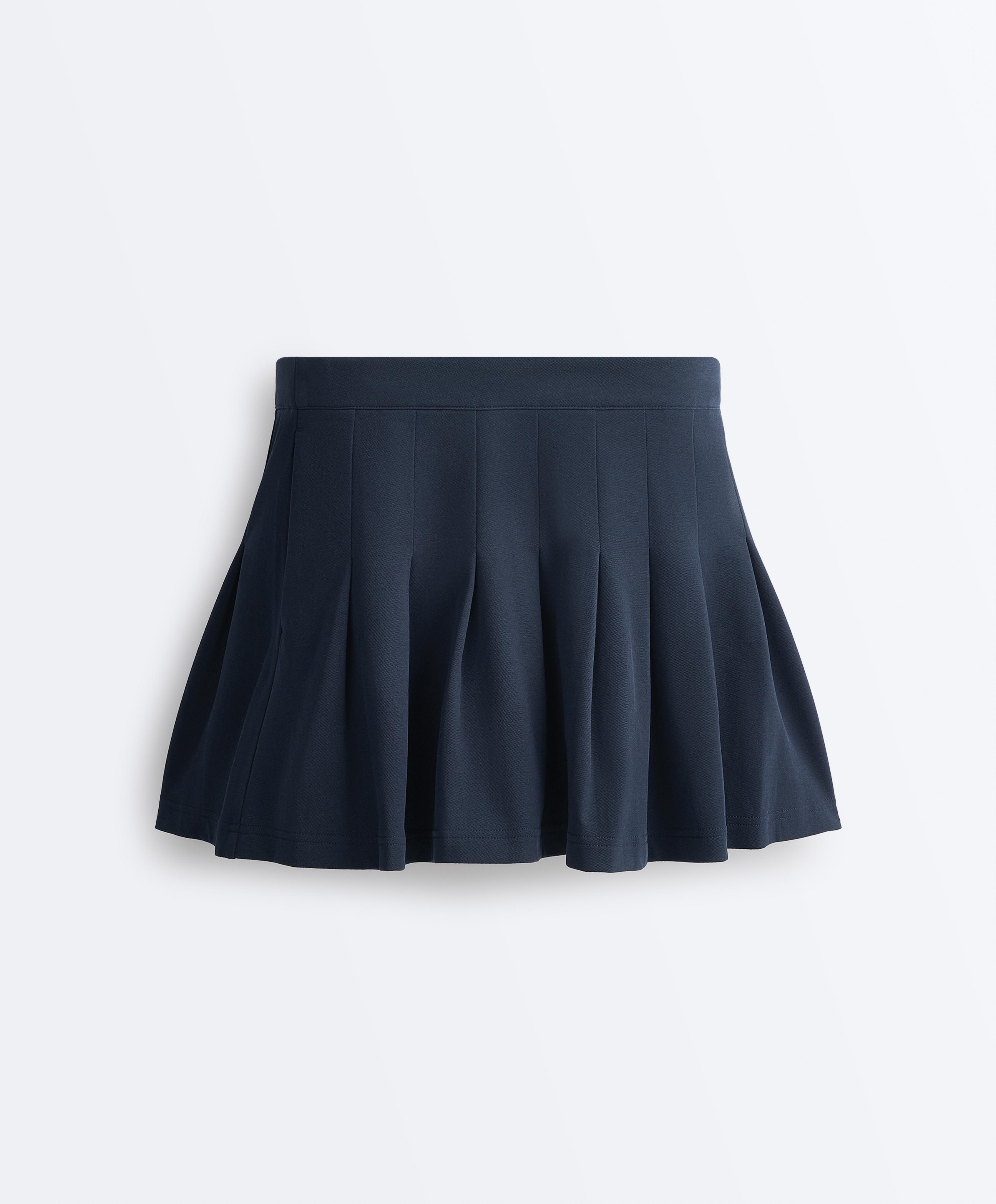 Cotton piqué pleated mini skirt — NAVY BLUE