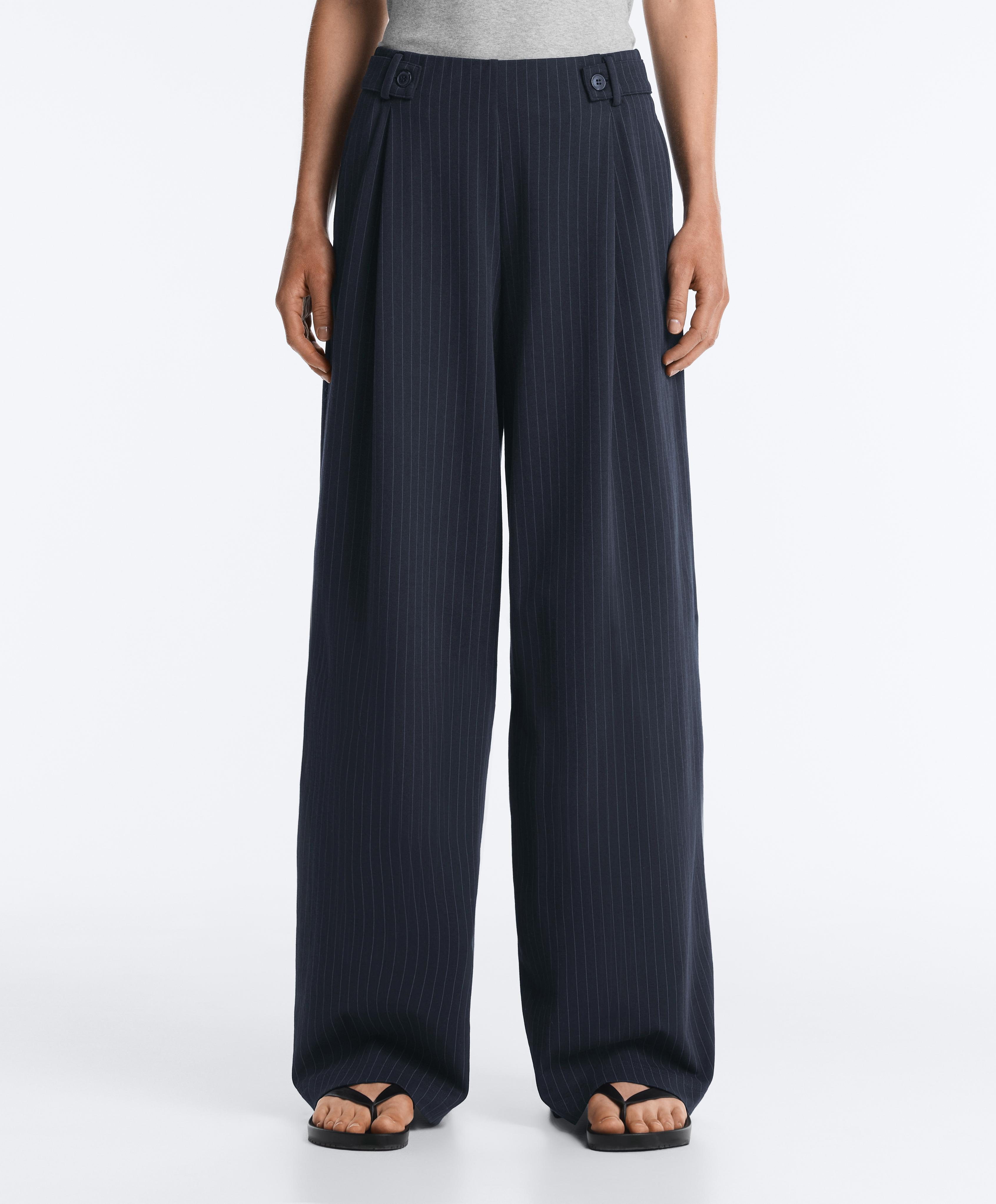 Pinstripe cotton pique wide-leg trousers — NAVY BLUE